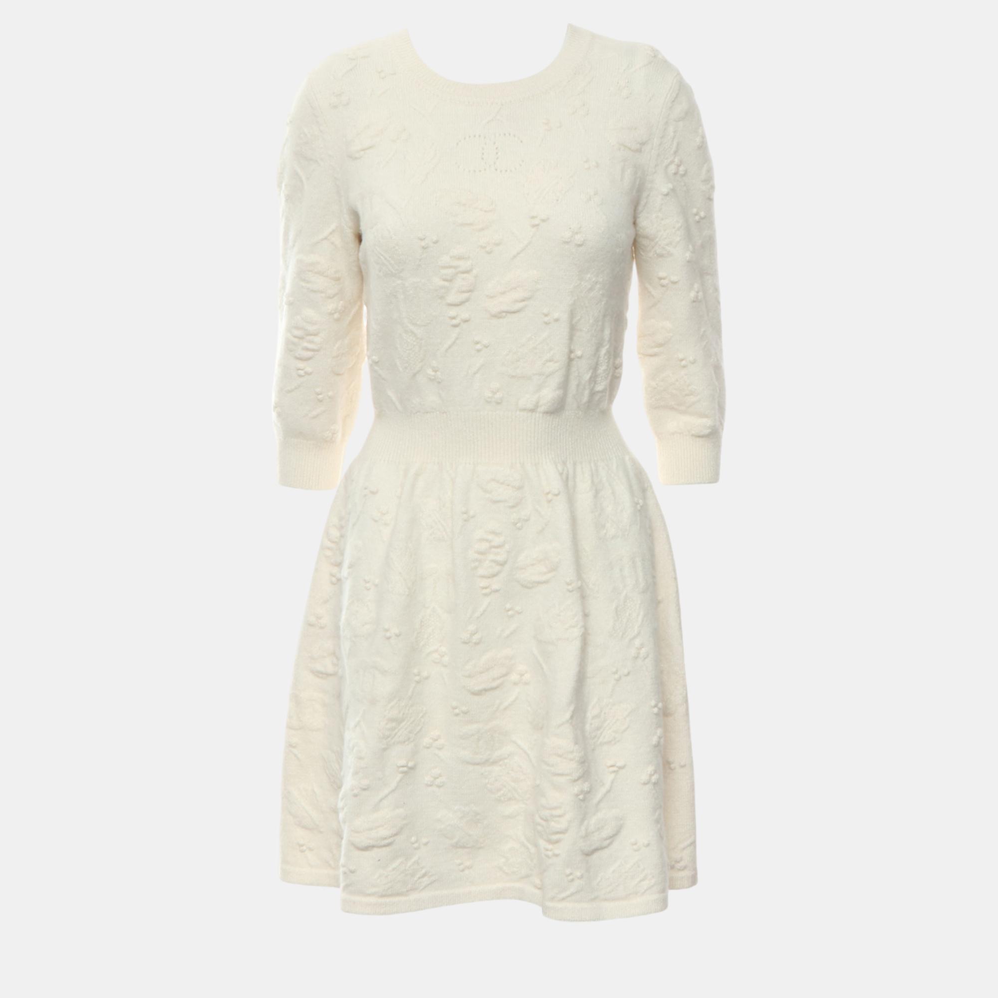 Pre-owned Chanel Cc Embellished Button Up Knit Dress In White