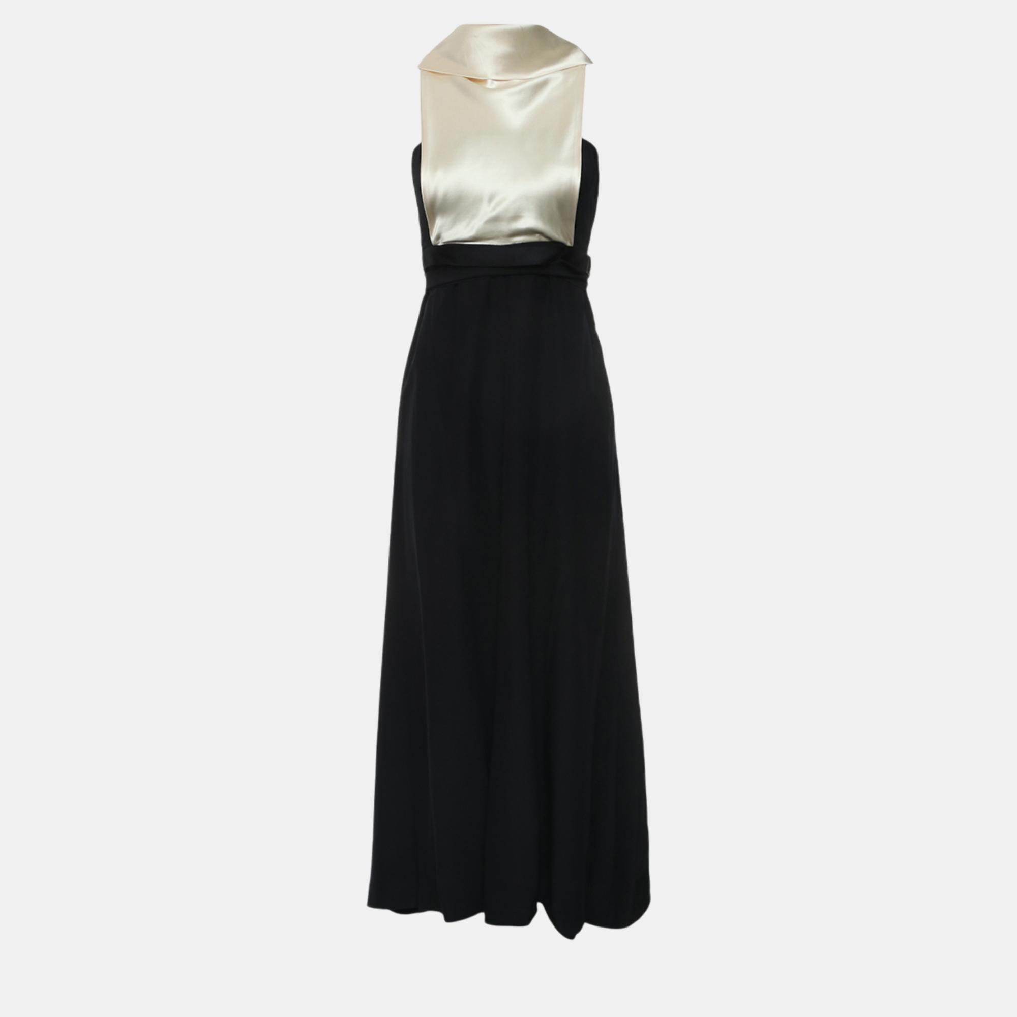 

Chanel Vintage Satin Cowl Neck Two-Tone Midi Dress, Black