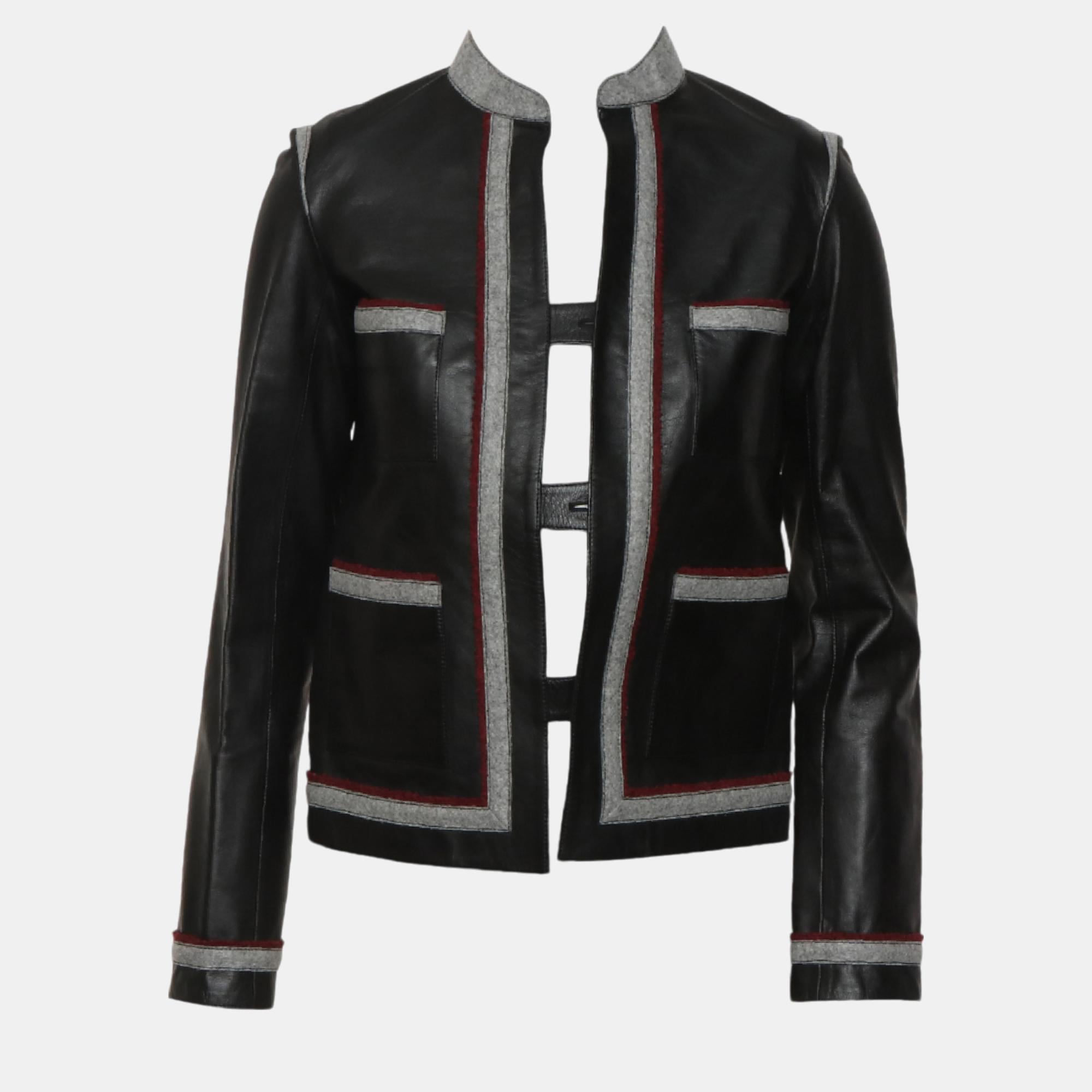 Pre-owned Chanel Felt Trimmed Leather Jacket In Black