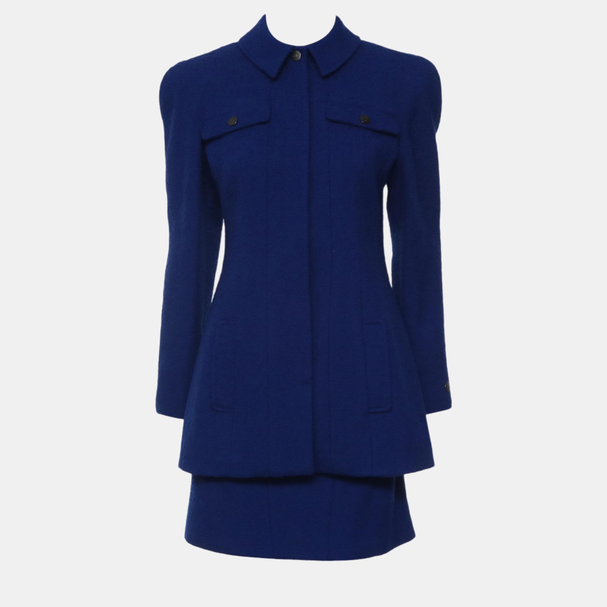 

Chanel 97A Tweed Button-Up Jacket And Tweed Skirt Set, Blue