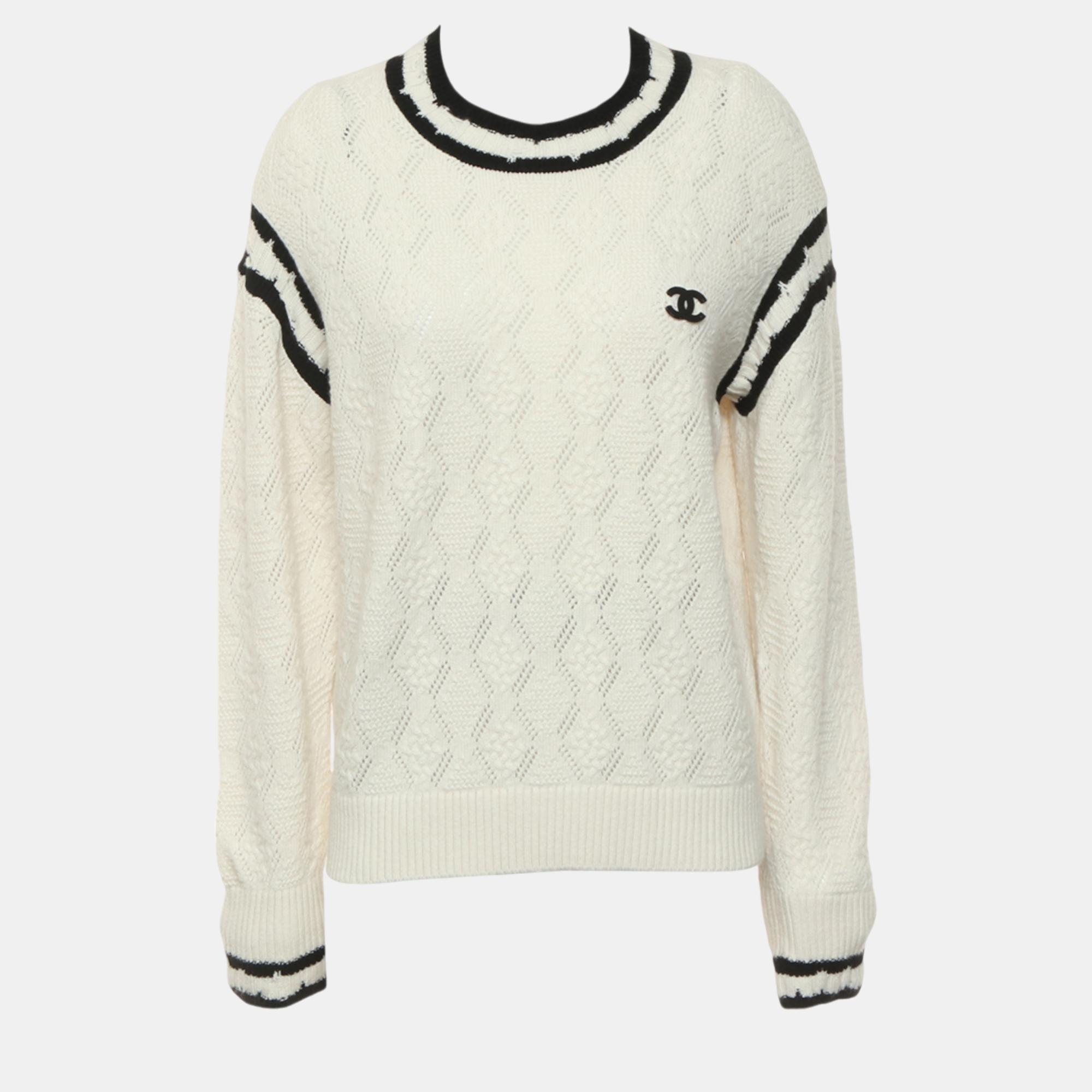 Pre-owned Chanel Cc Distressed Sweater In White