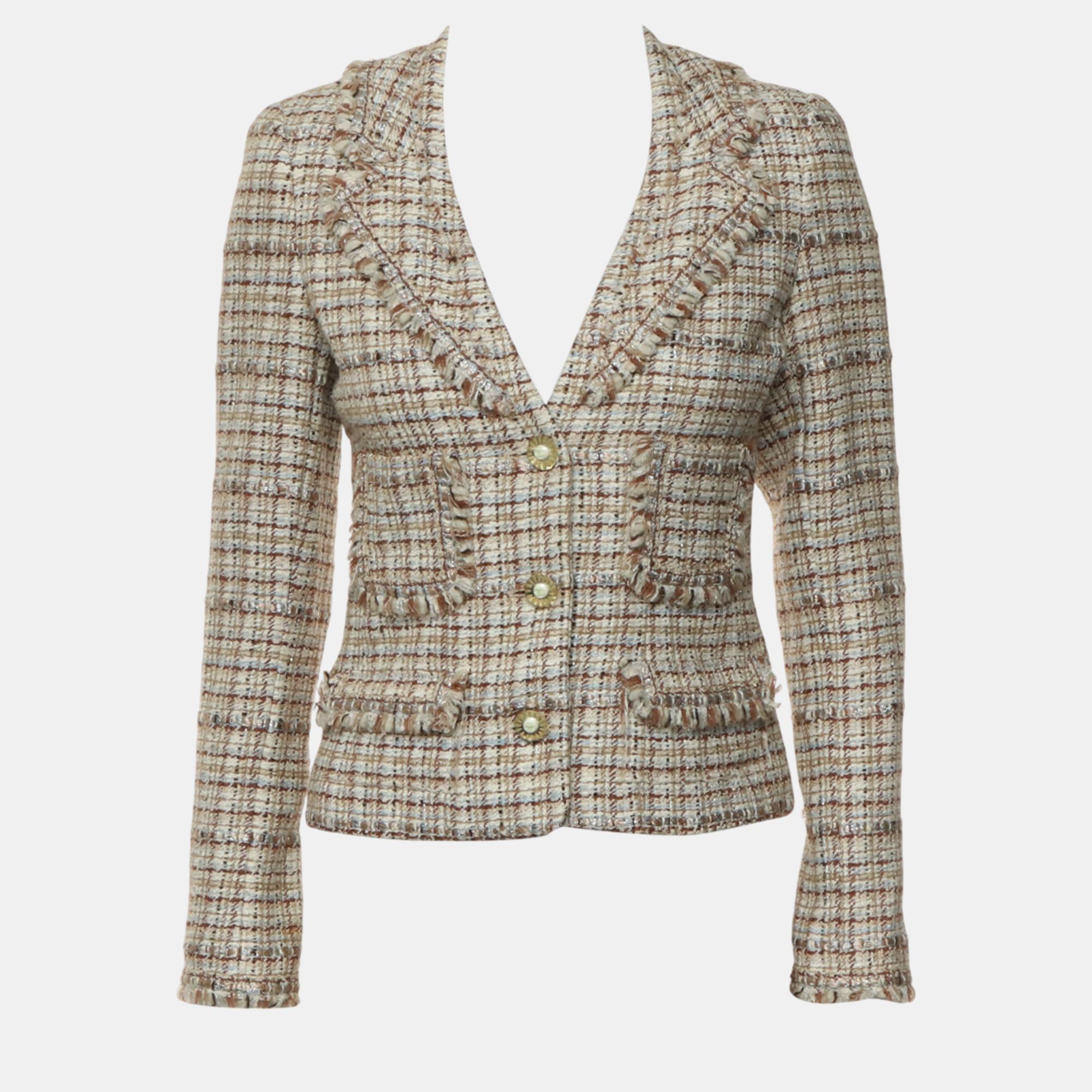 Pre-owned Chanel Vintage 04p Tweed Buttoned Up Blazer In Brown