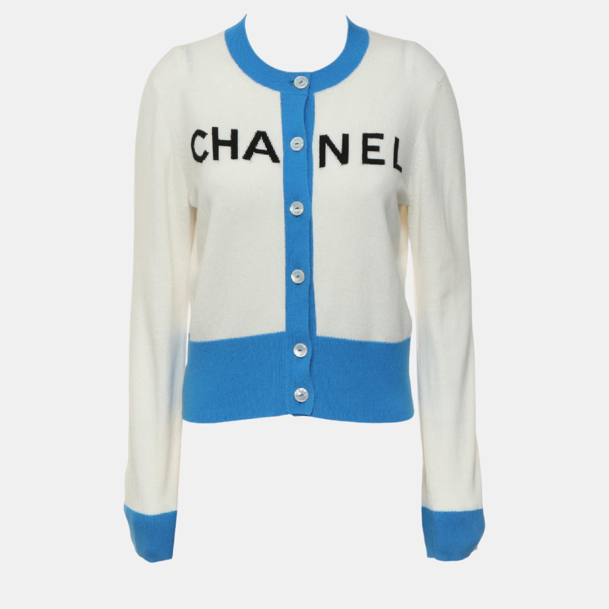 

Chanel Blue/White Logo Knit Cardigan