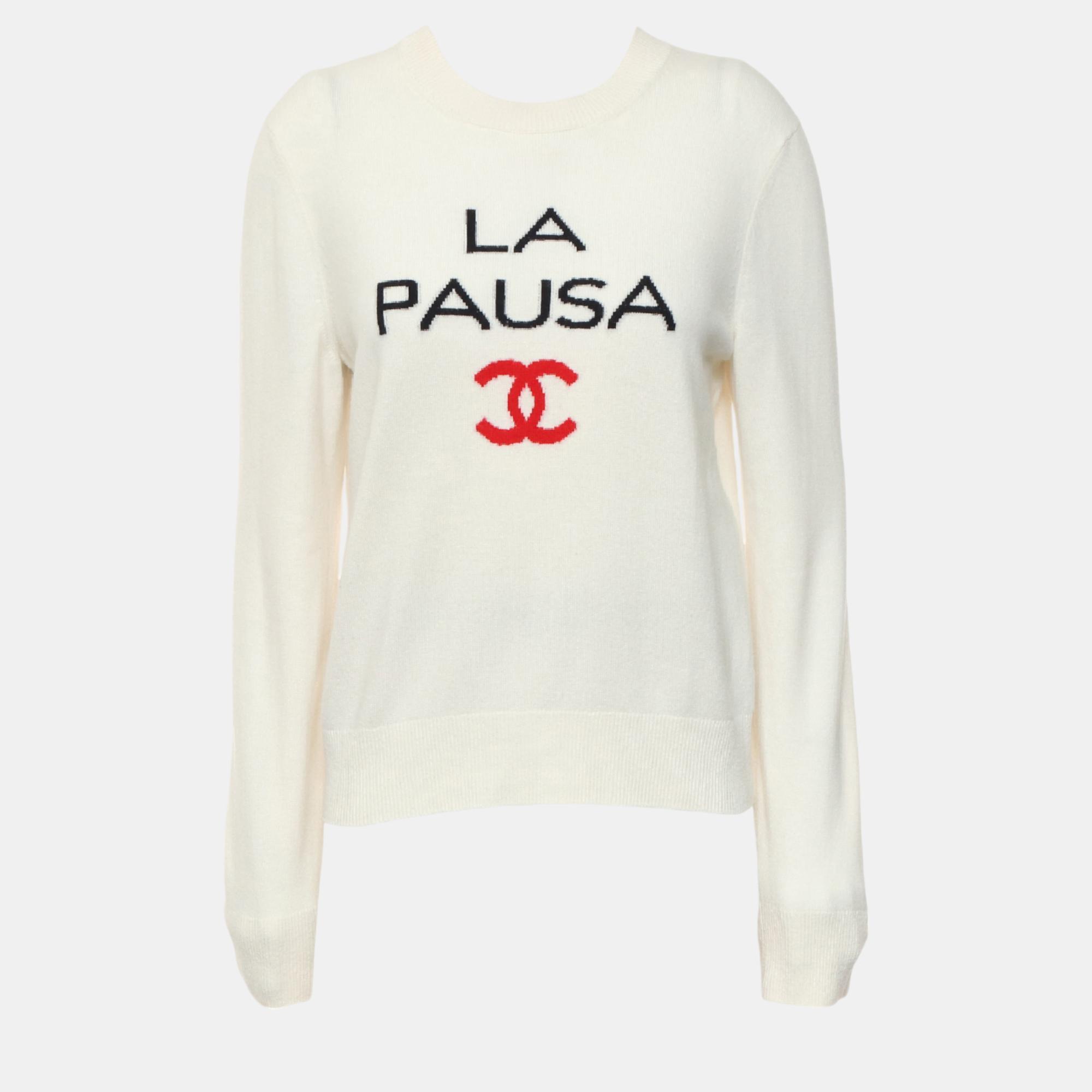 Pre-owned Chanel "la Pausa" Wool Sweater In White