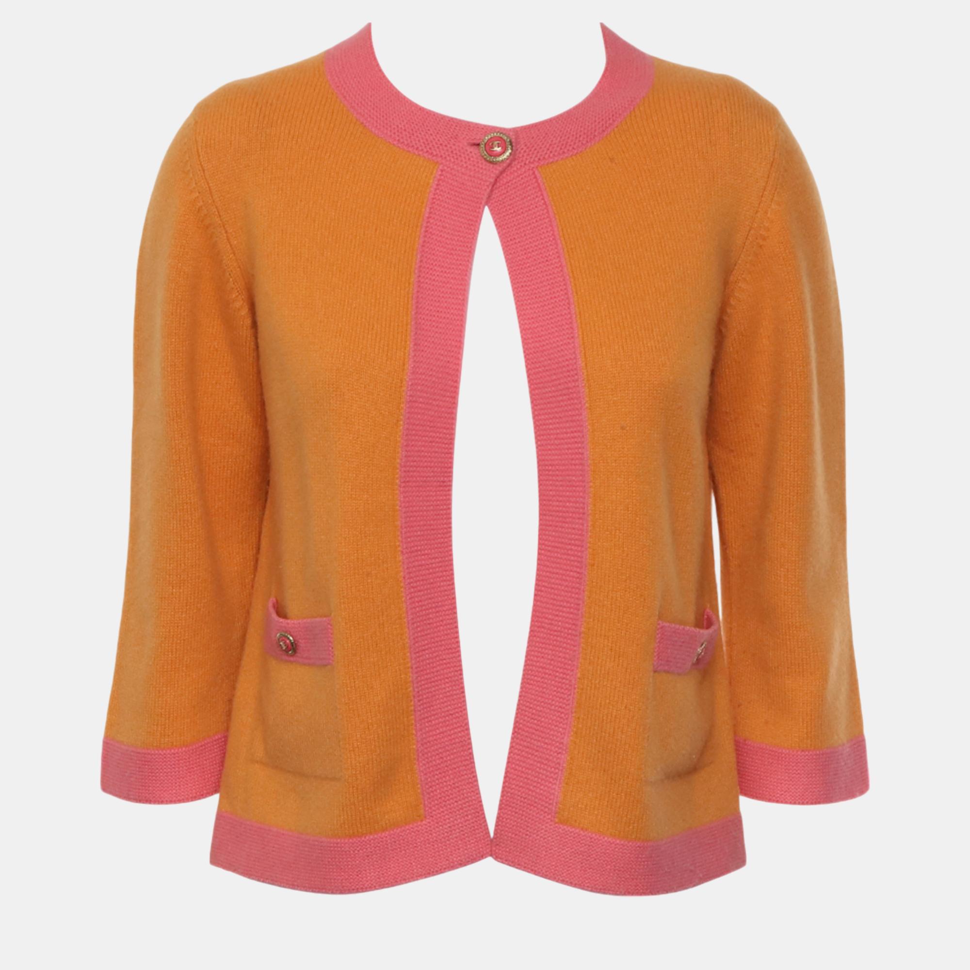 Pre-owned Chanel 07p Contrast Trimmed Knit Cardigan In Orange