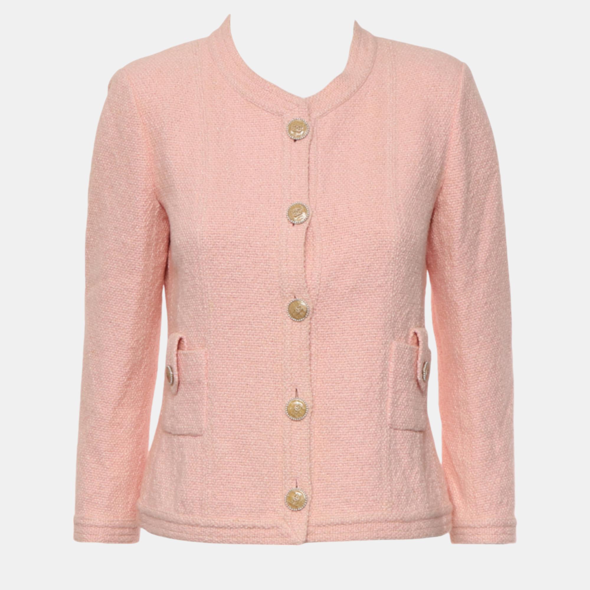 Pre-owned Chanel Tweed Boxy Jacket With Cc Buttons In Pink