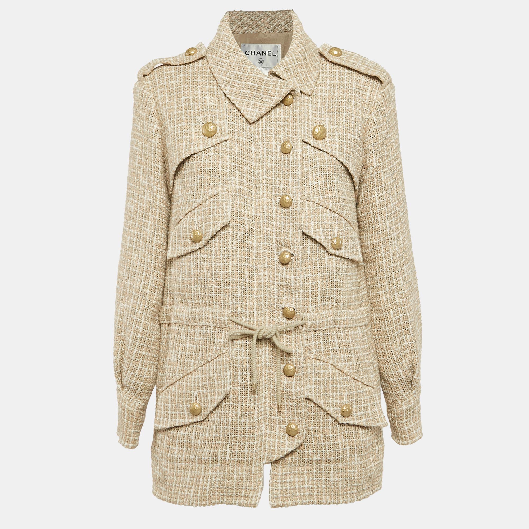 

Chanel Beige Tweed Belted Button Detail Jacket S