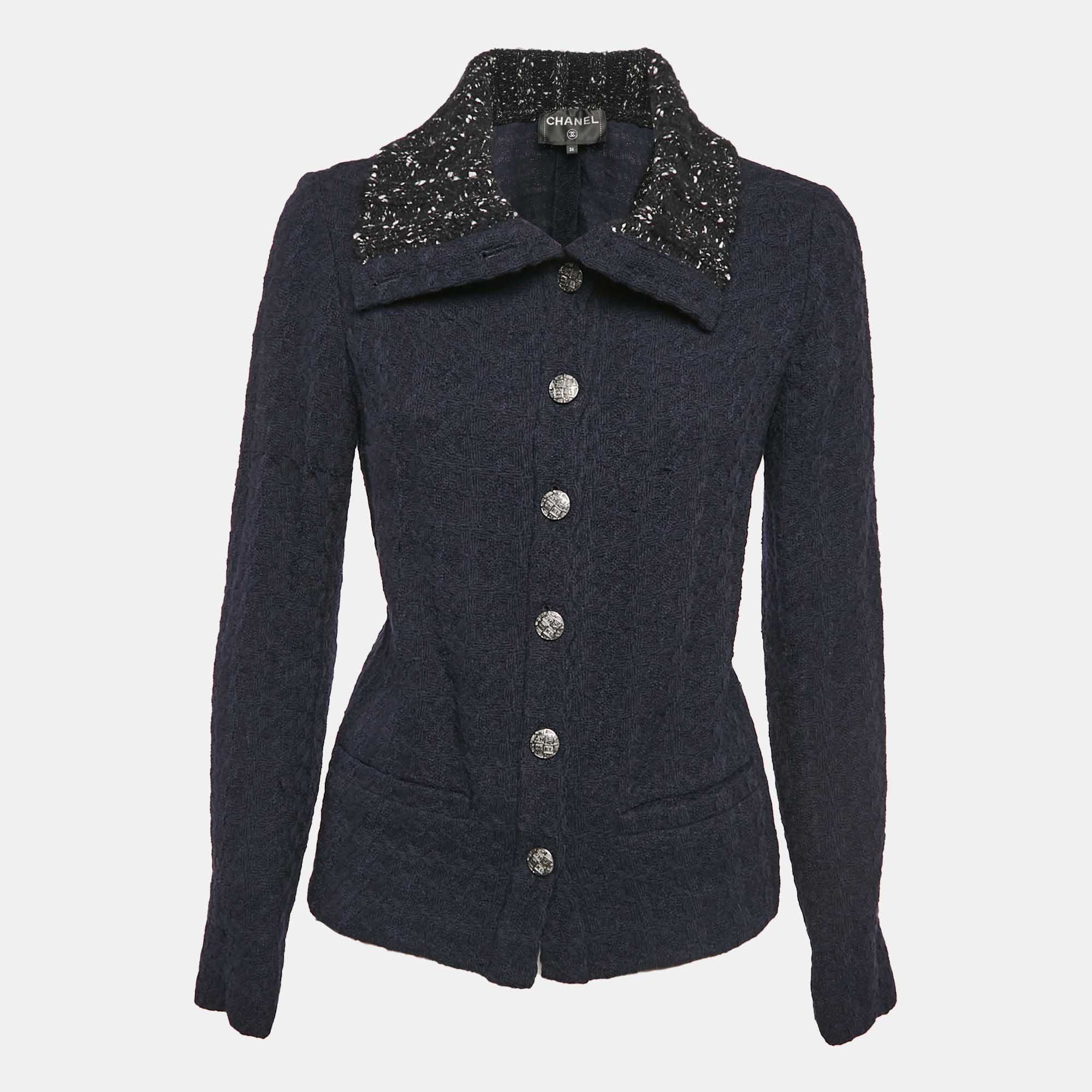 

Chanel Navy Blue Wool Tweed Single Breasted Jacket S