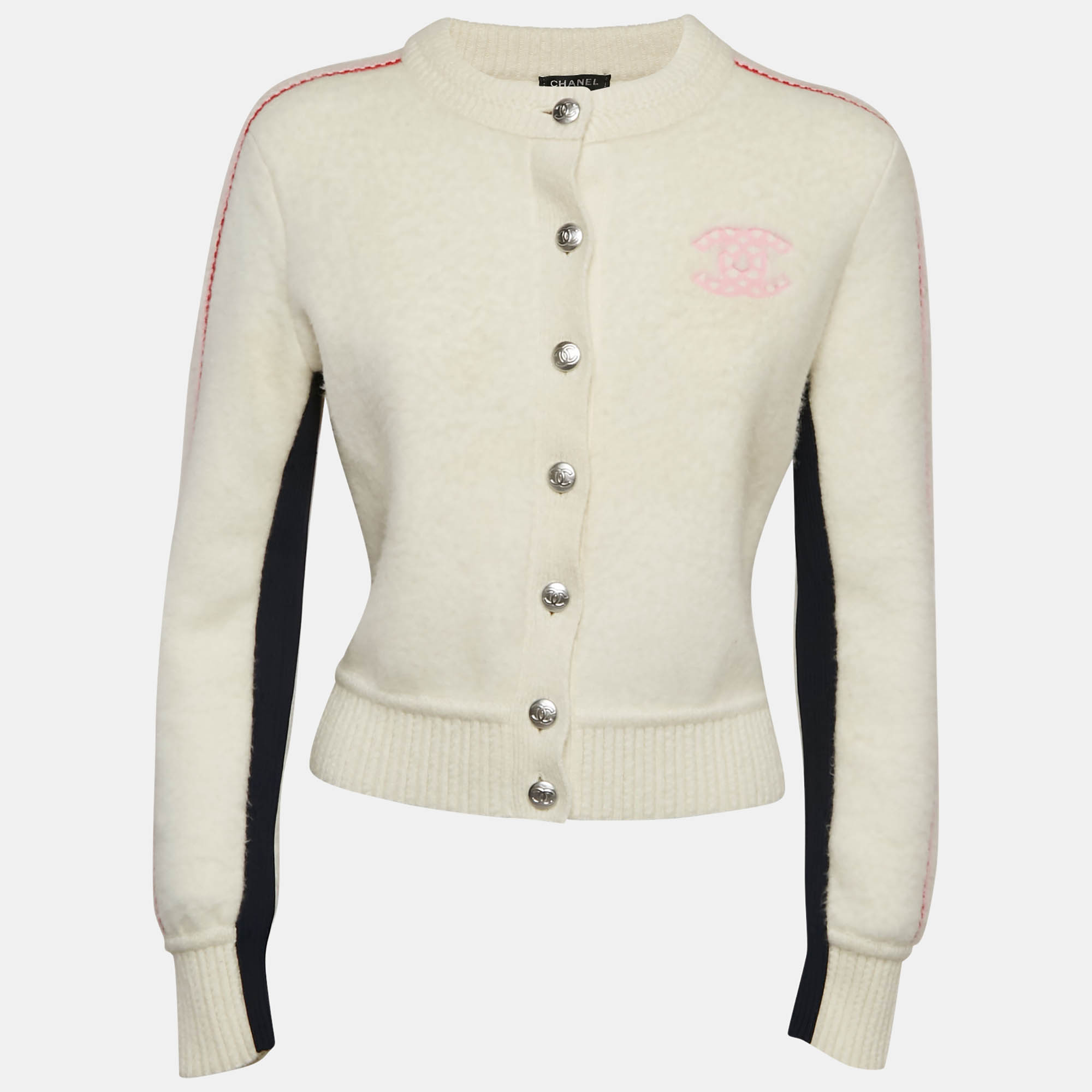 

Chanel Cream Logo Embossed Cashmere and Rin Knit Buttoned Cardigan S