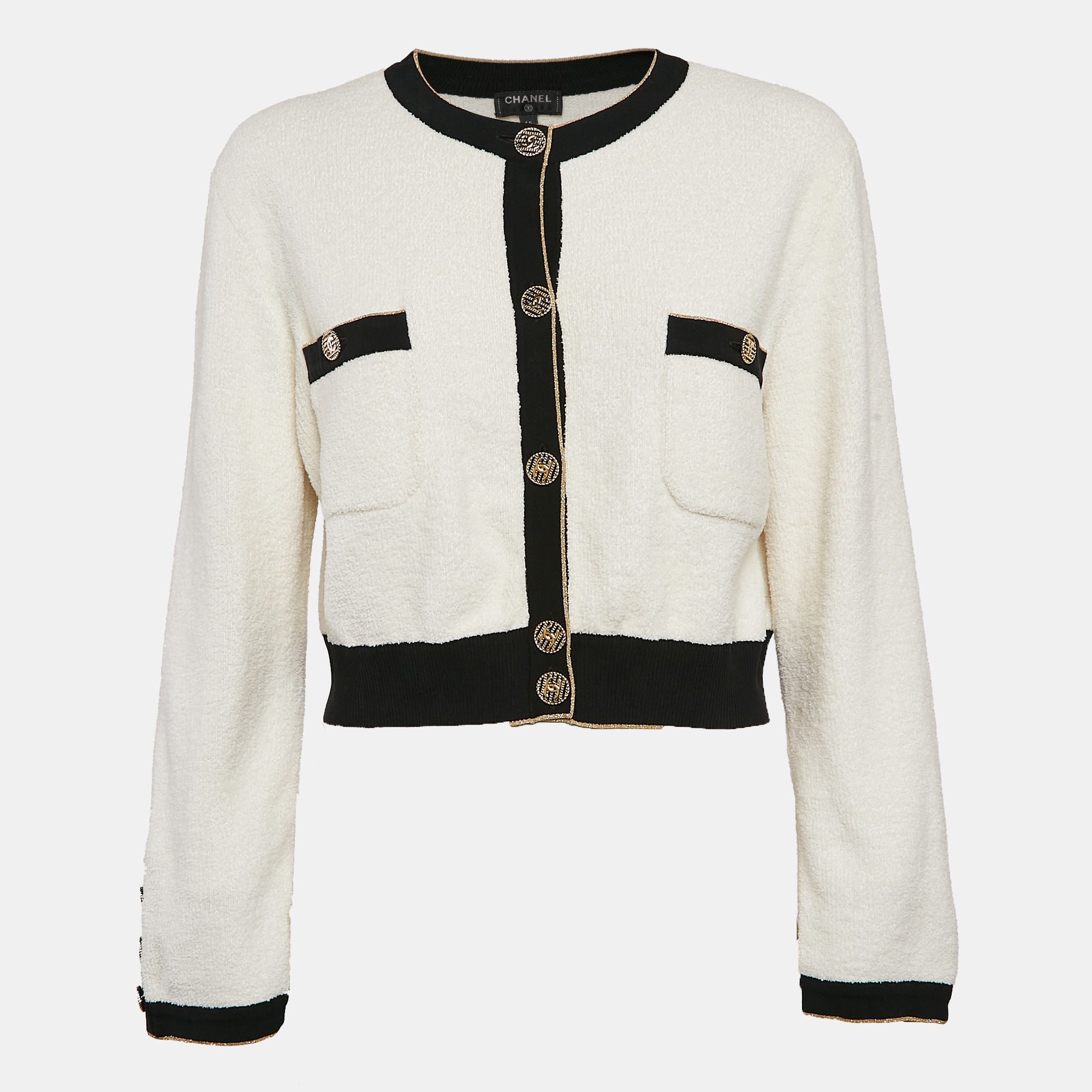 

Chanel White Terry Cotton Contrast Trim Cardigan M