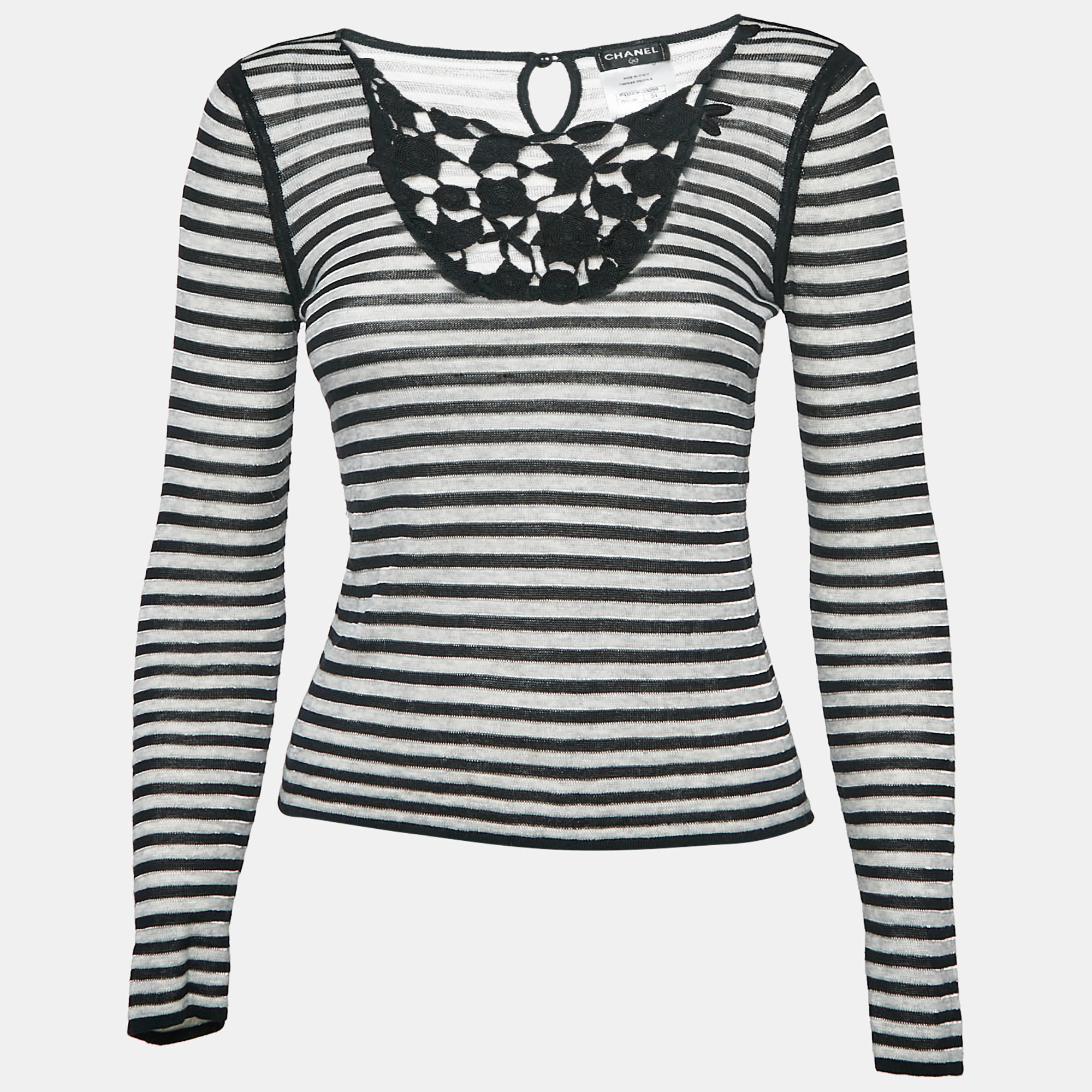 

Chanel Black Stripe Knit Neck Lace Trimmed Top S