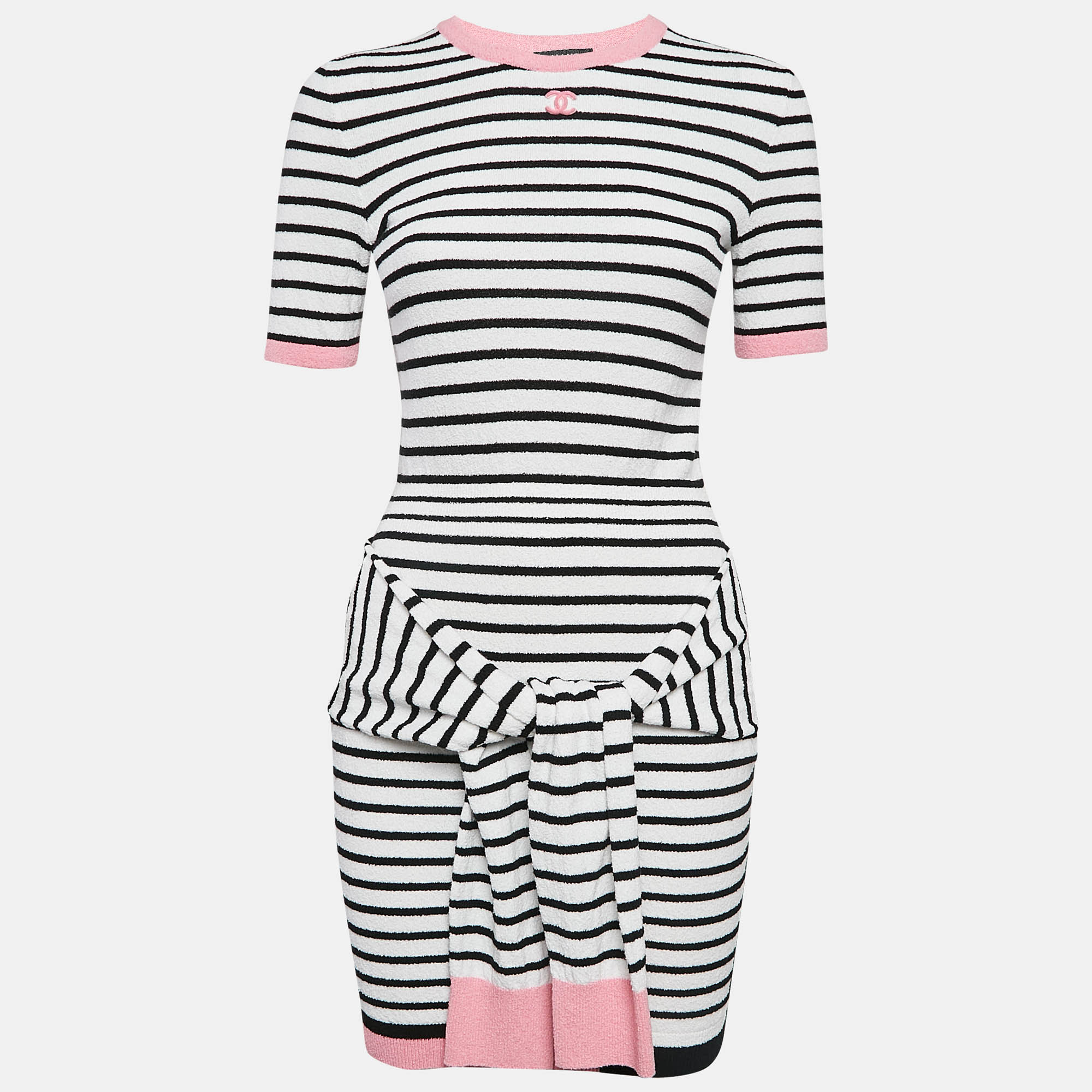 

Chanel White/Pink Striped Terry Cotton Tie-Up Detail T-Shirt Dress S