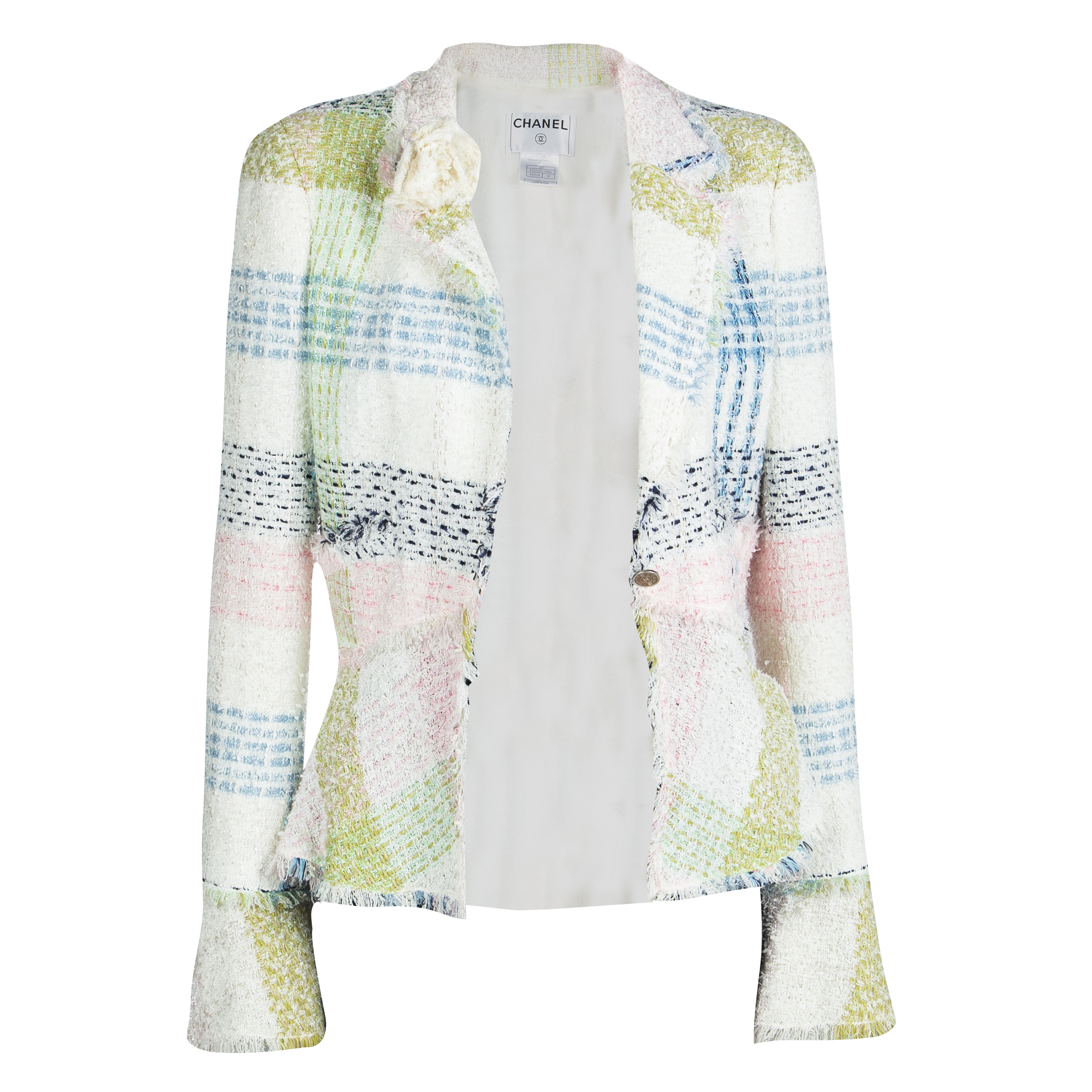 Chanel Multicolour Checked Tweed Floral Brooch Detail Blazer M