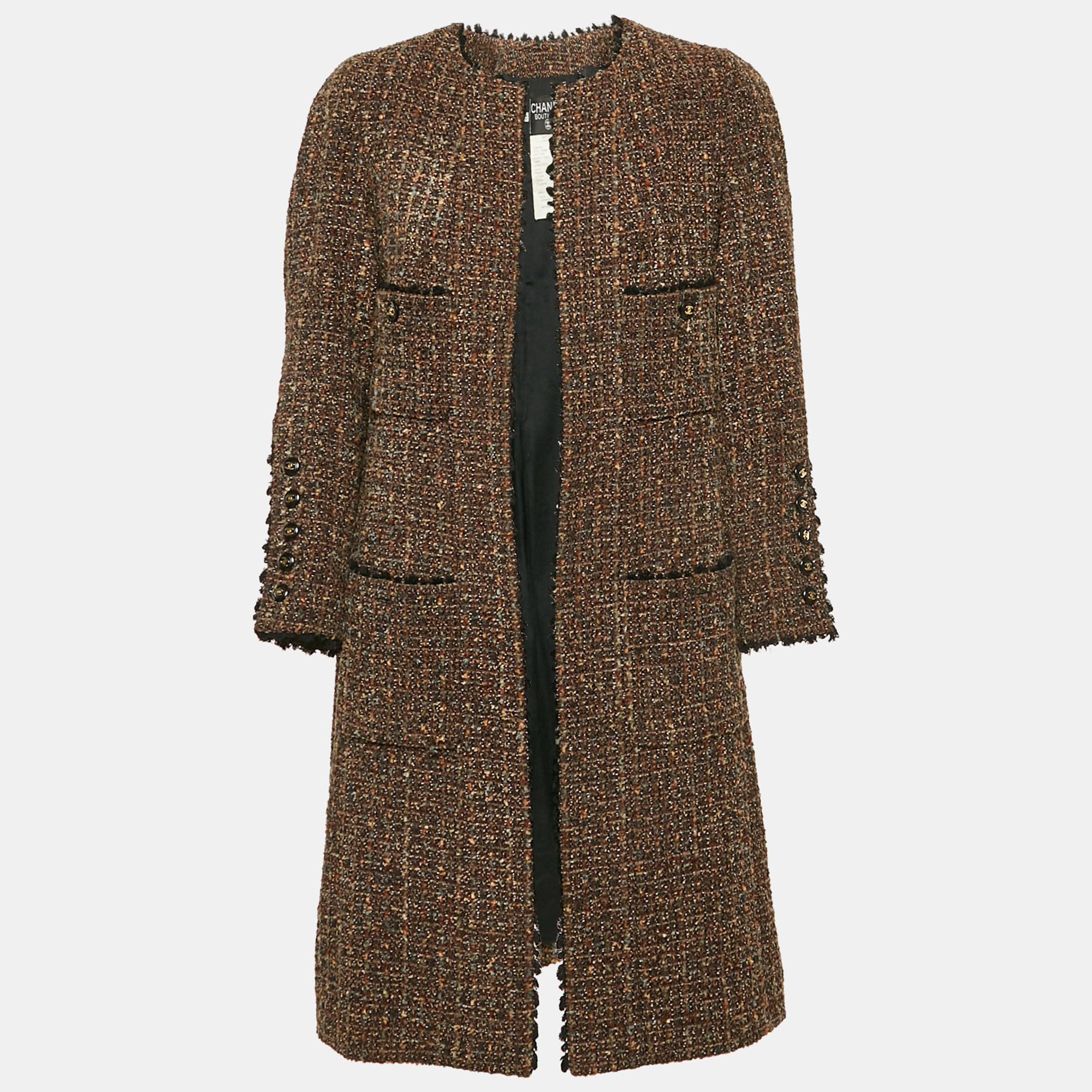 

Chanel Vintage Brown Tweed Open Front Coat L