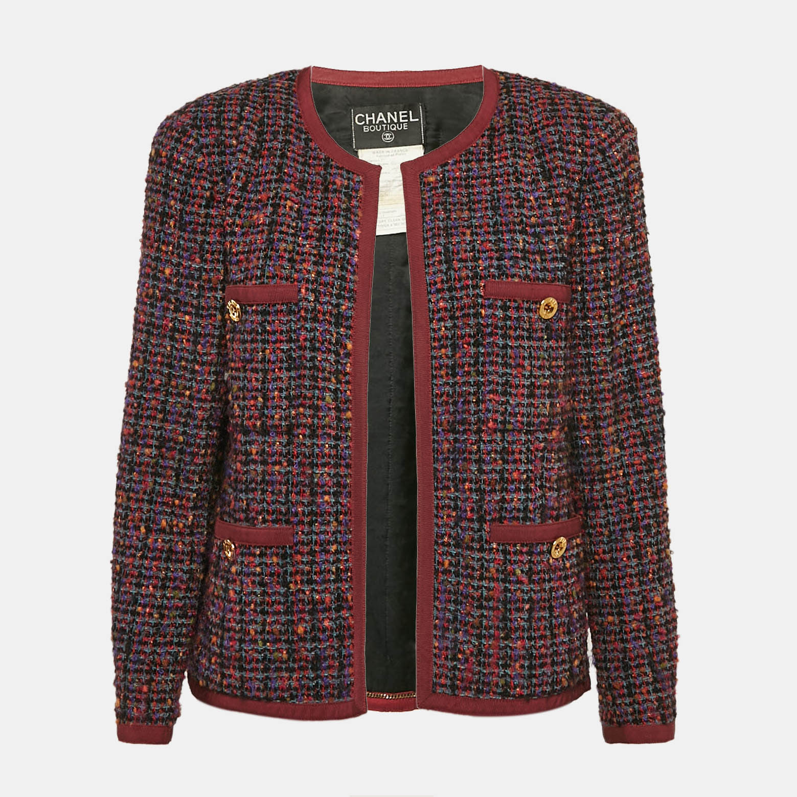 

Chanel Vintage Burgundy Tweed Open Front Jacket L