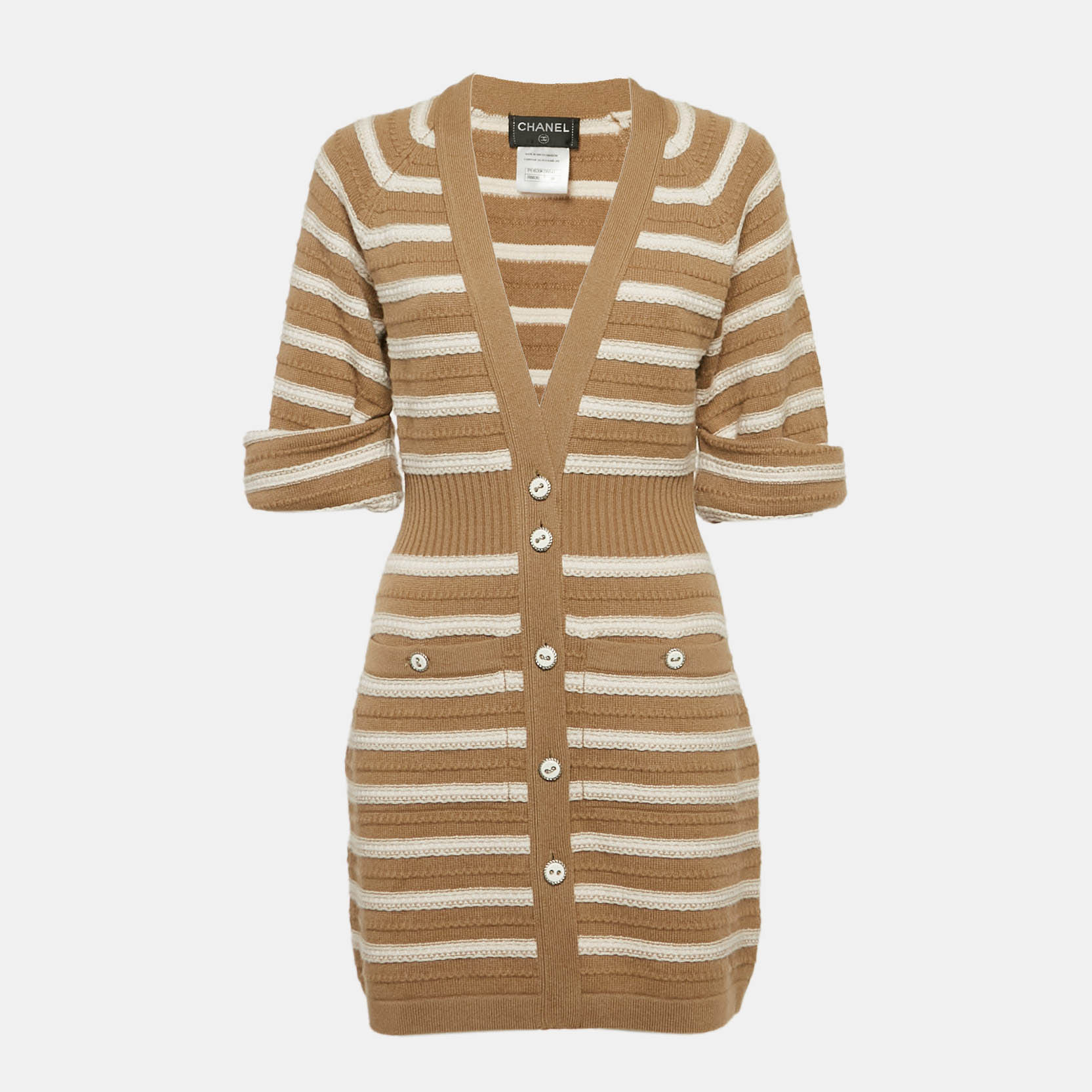 

Chanel Beige/Ivory Stripe Cashmere Knit Button Front Mini Sweater Dress M