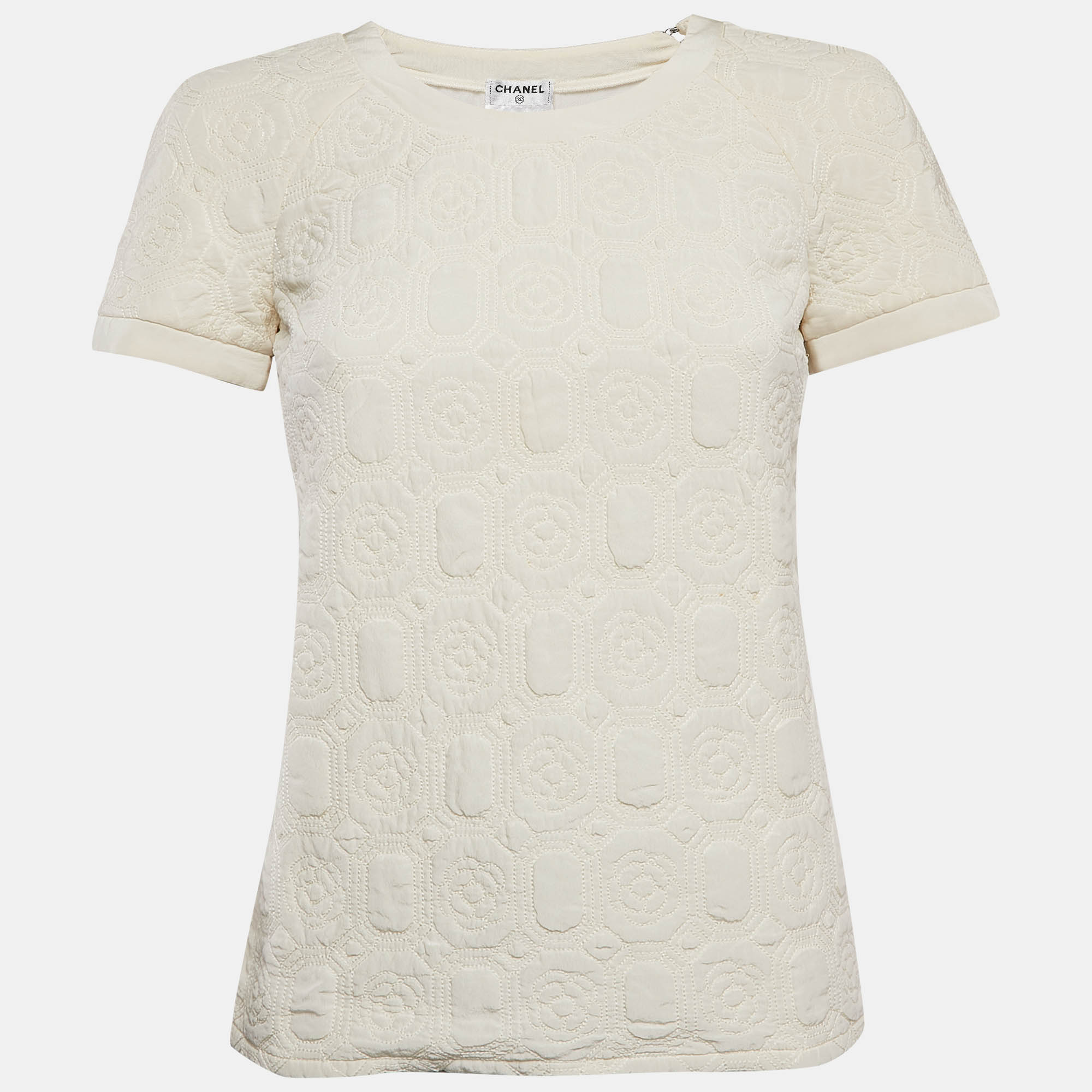 

Chanel Ivory Camellia Quilted Silk Top S, White