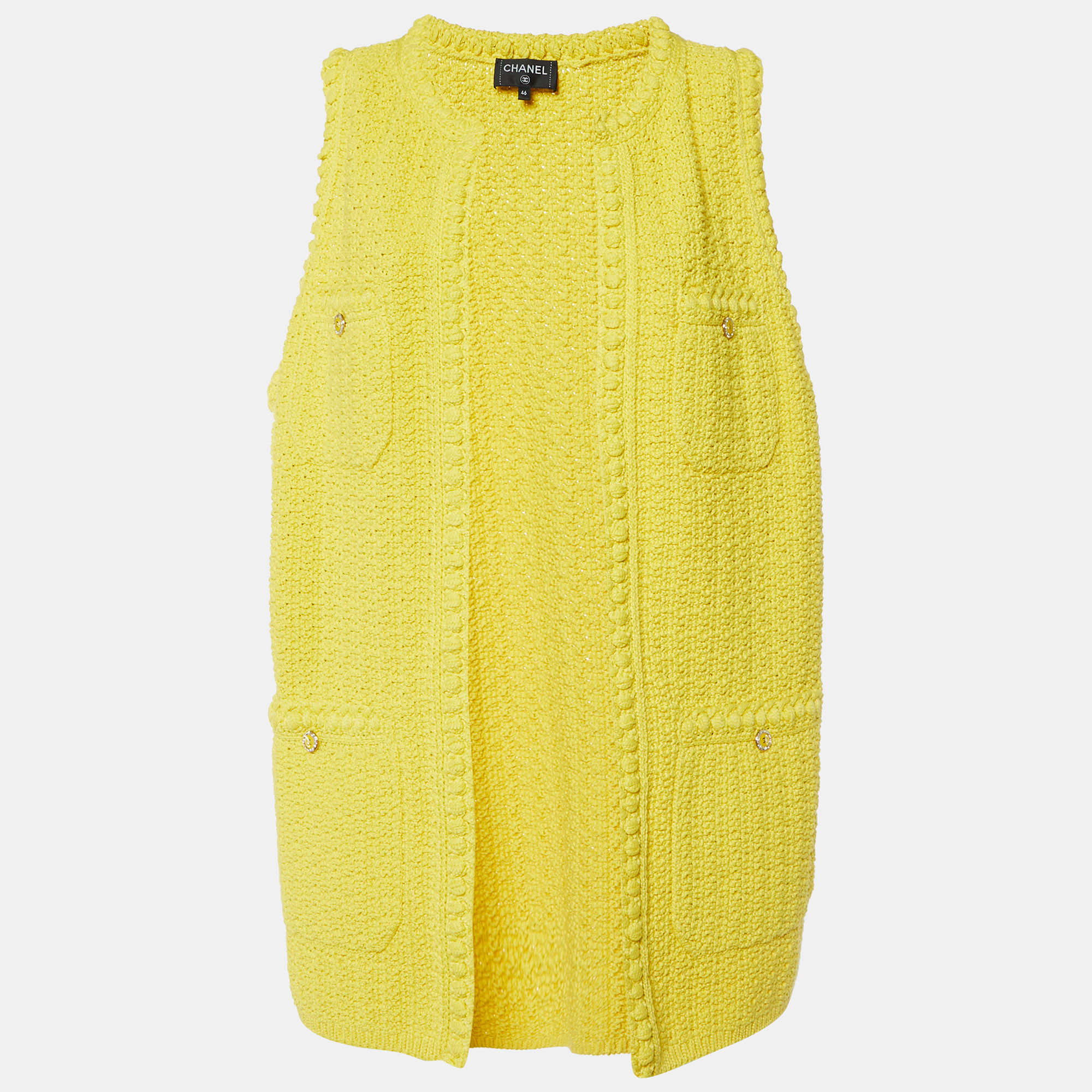 

Chanel Yellow Cotton Knit Ope Front Sleeveless Cardigan XL