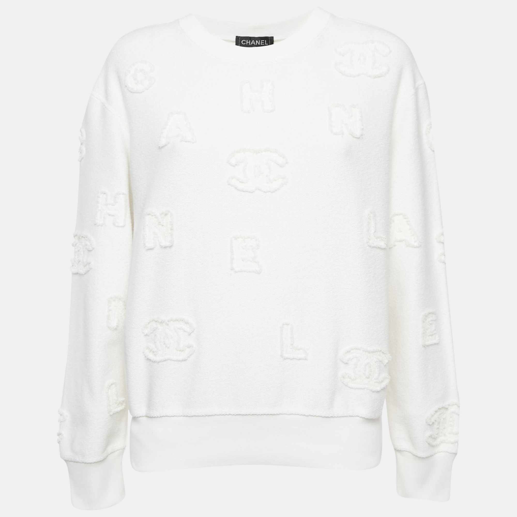 Pre-owned Chanel White Cotton Knit Logo Applique Detail Sweatshirt M