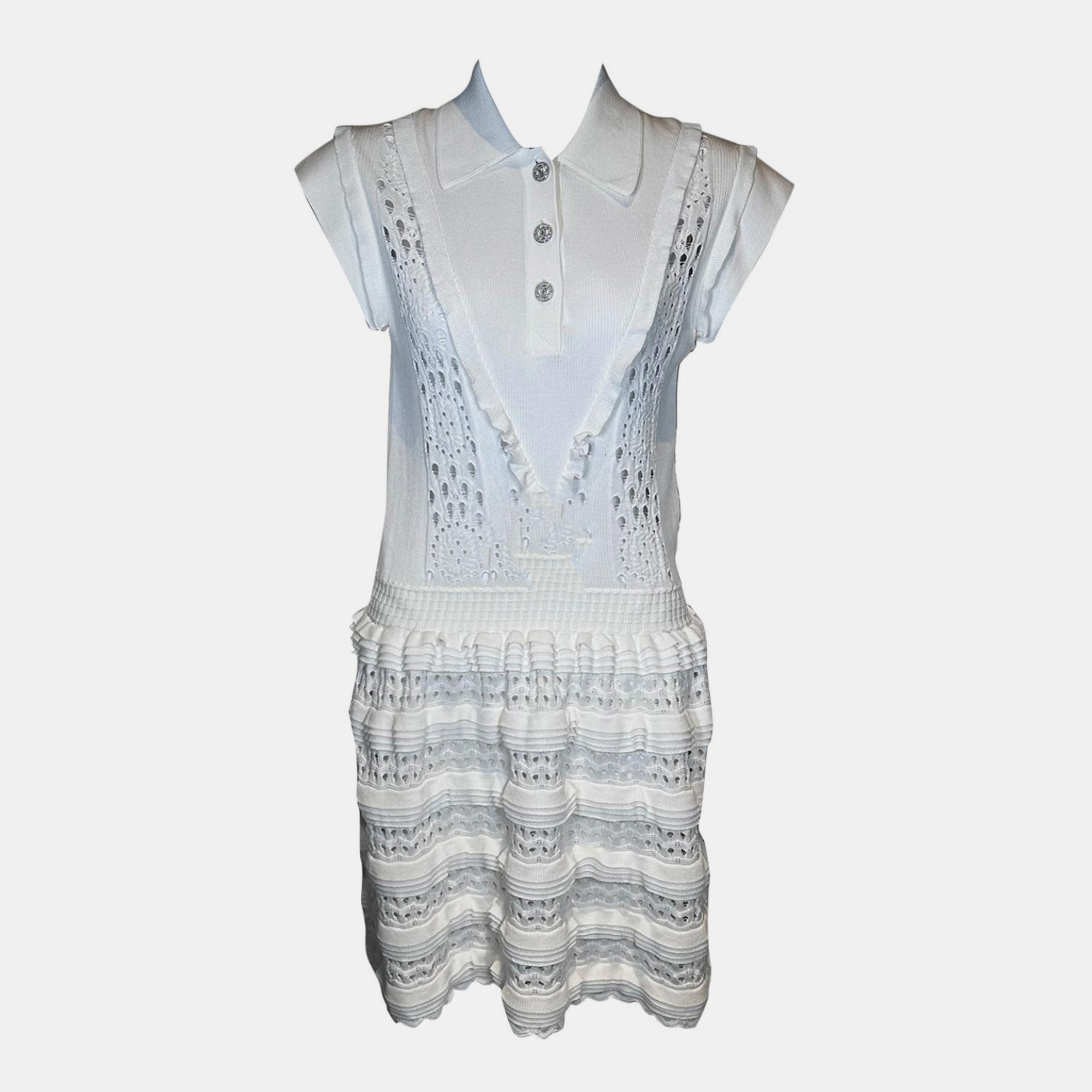 

Chanel Collared Knitted Mid-Length Dress, White