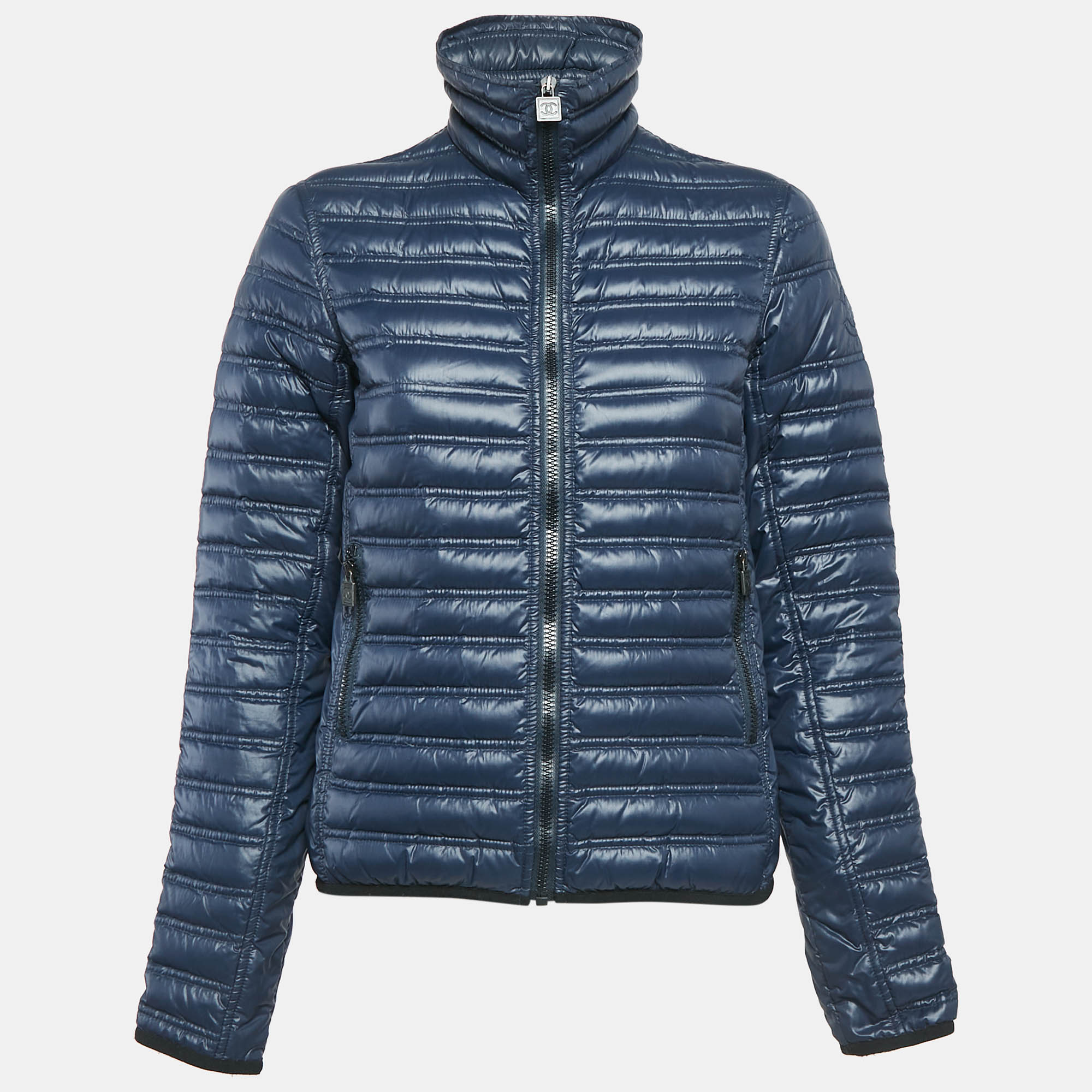 

Chanel Navy Blue Nylon Zip-Up Quilted Jacket M