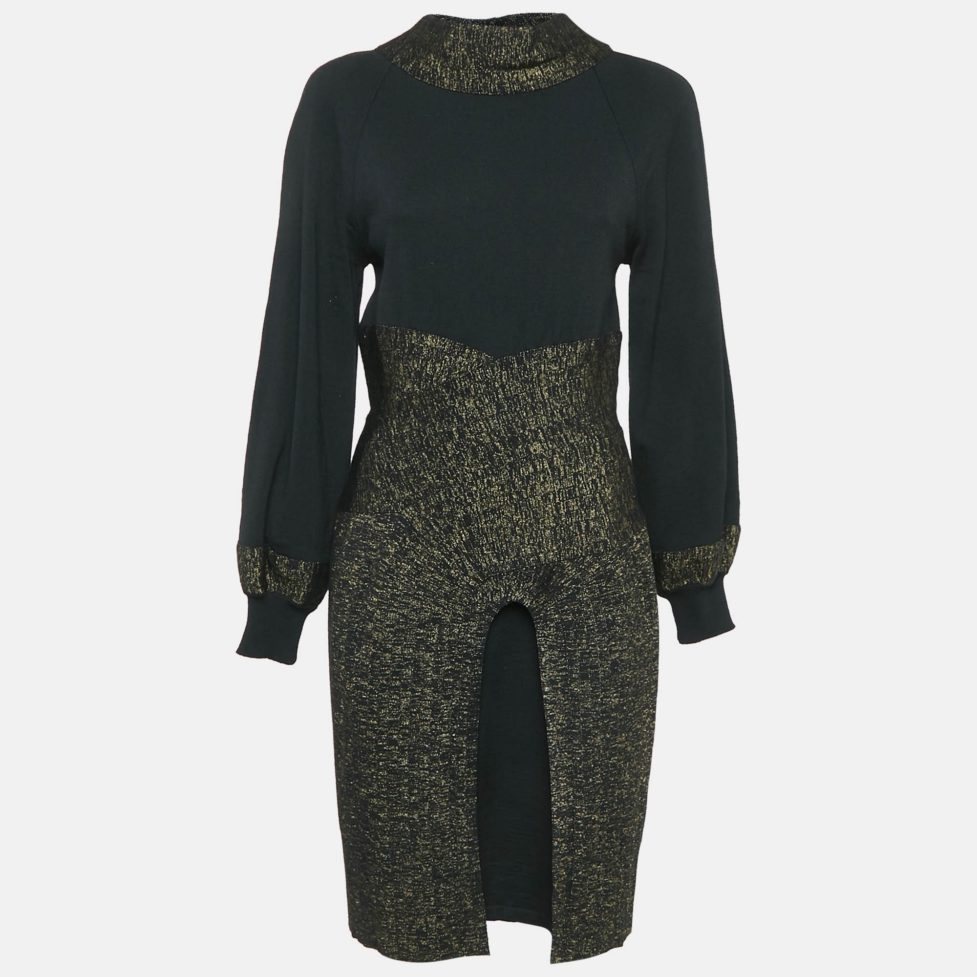 

Chanel Black Wool Blend and Lurex Knit High Neck Midi Dress M