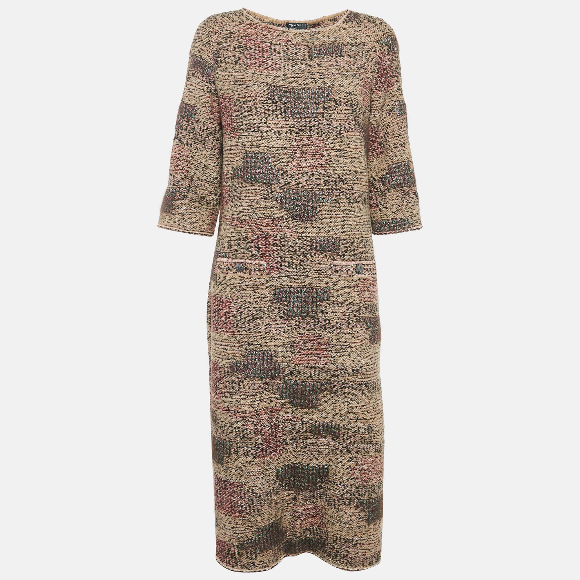 

Chanel Brown/Multicolor Patterned Wool Blend Knit Midi Dress L