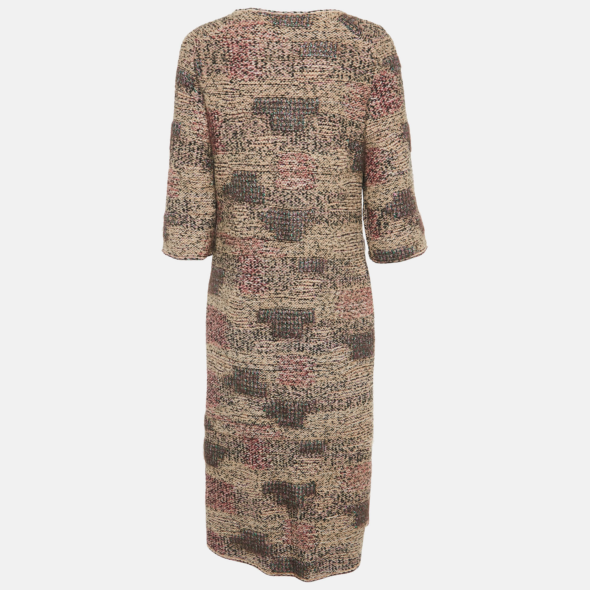 Chanel Brown/Multicolor Patterned Wool Blend Knit Midi Dress L 