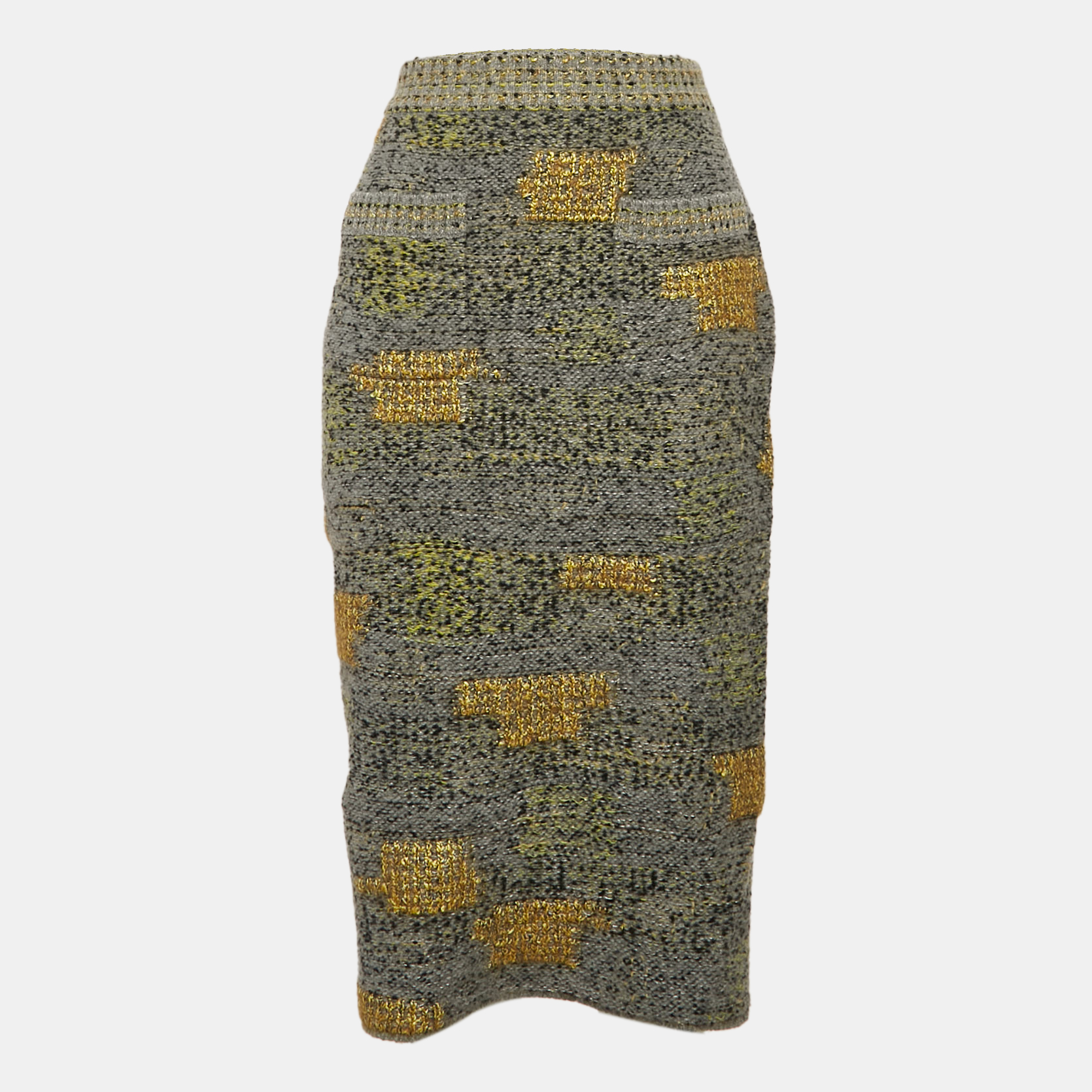 

Chanel Grey Patterned Wool Bend Midi Skirt M