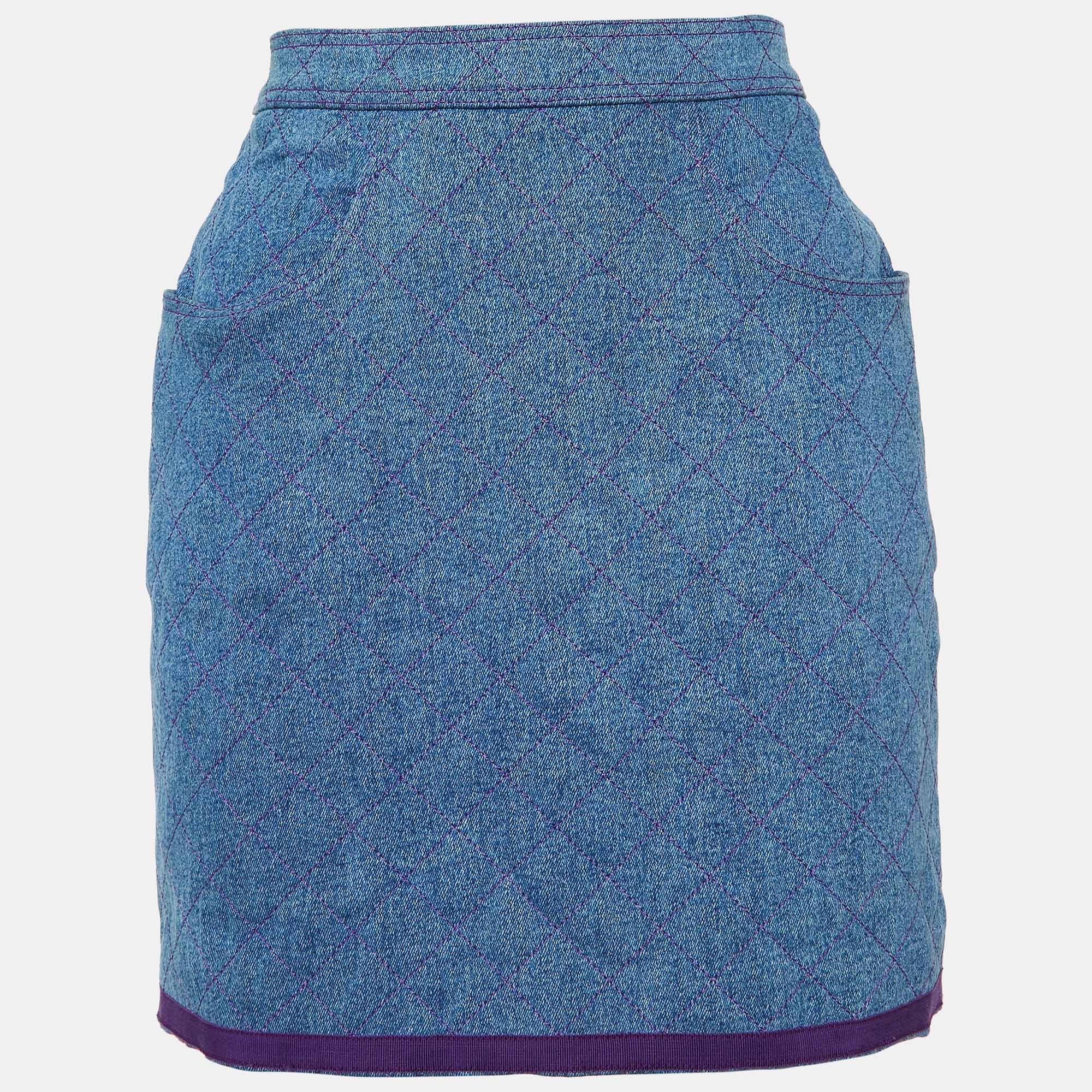 Chanel Vintage Purple Tweed and Denim Skirt and Jacket Set S 