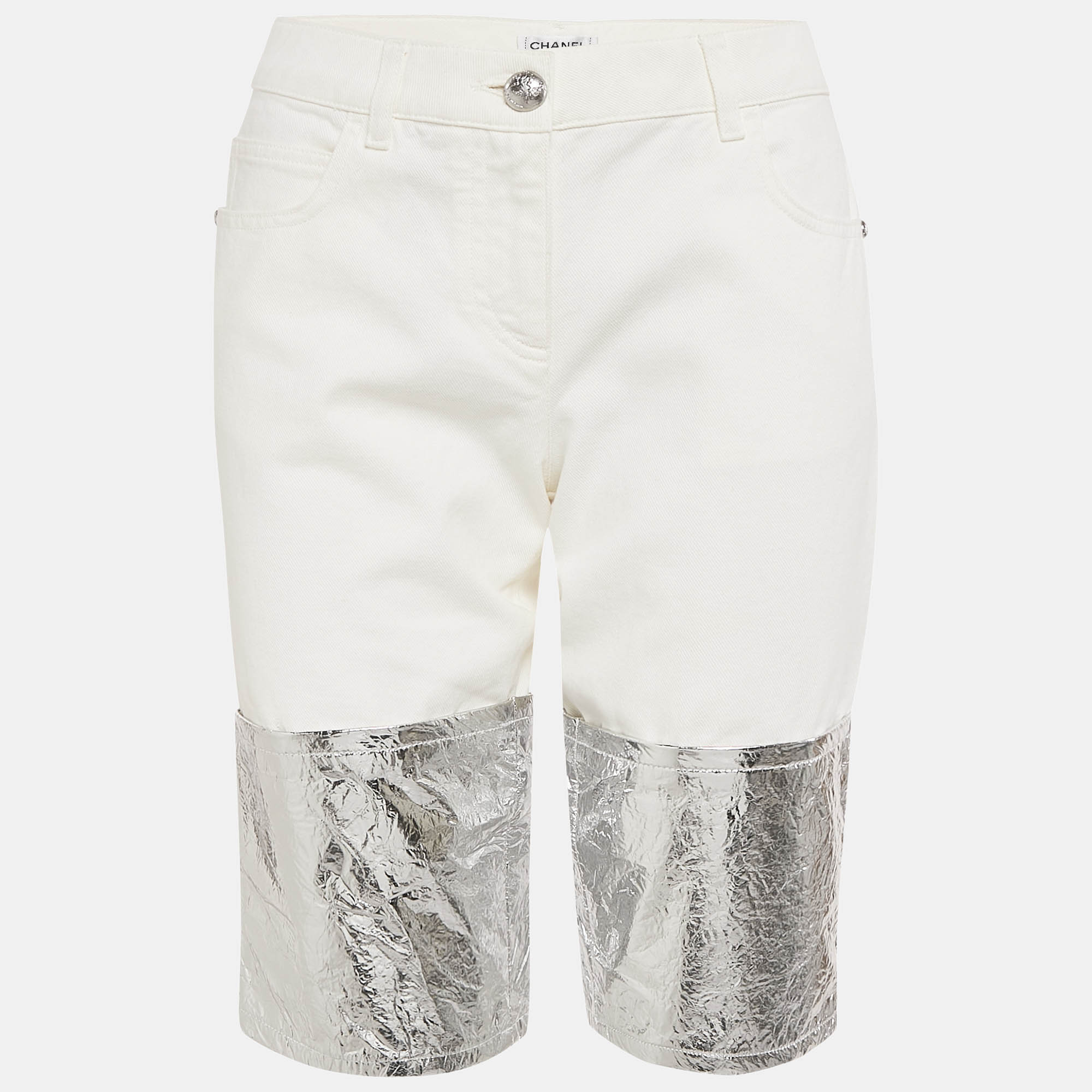 

Chanel White Denim Foil Coated Shorts M