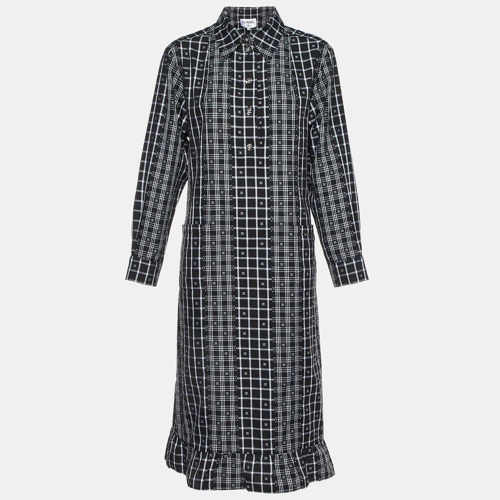 

Chanel Monochrome CC Check Pattern Cotton Midi Dress M, Black