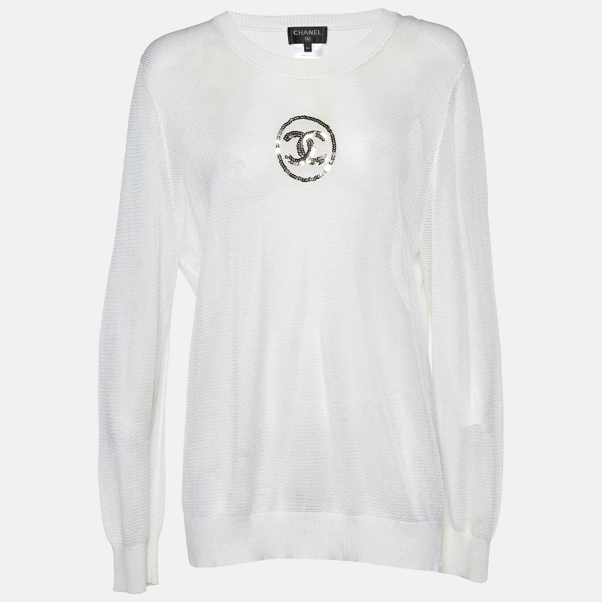 

Chanel Off-White Knit Sequin Logo Detail Full Sleeve Sweater L