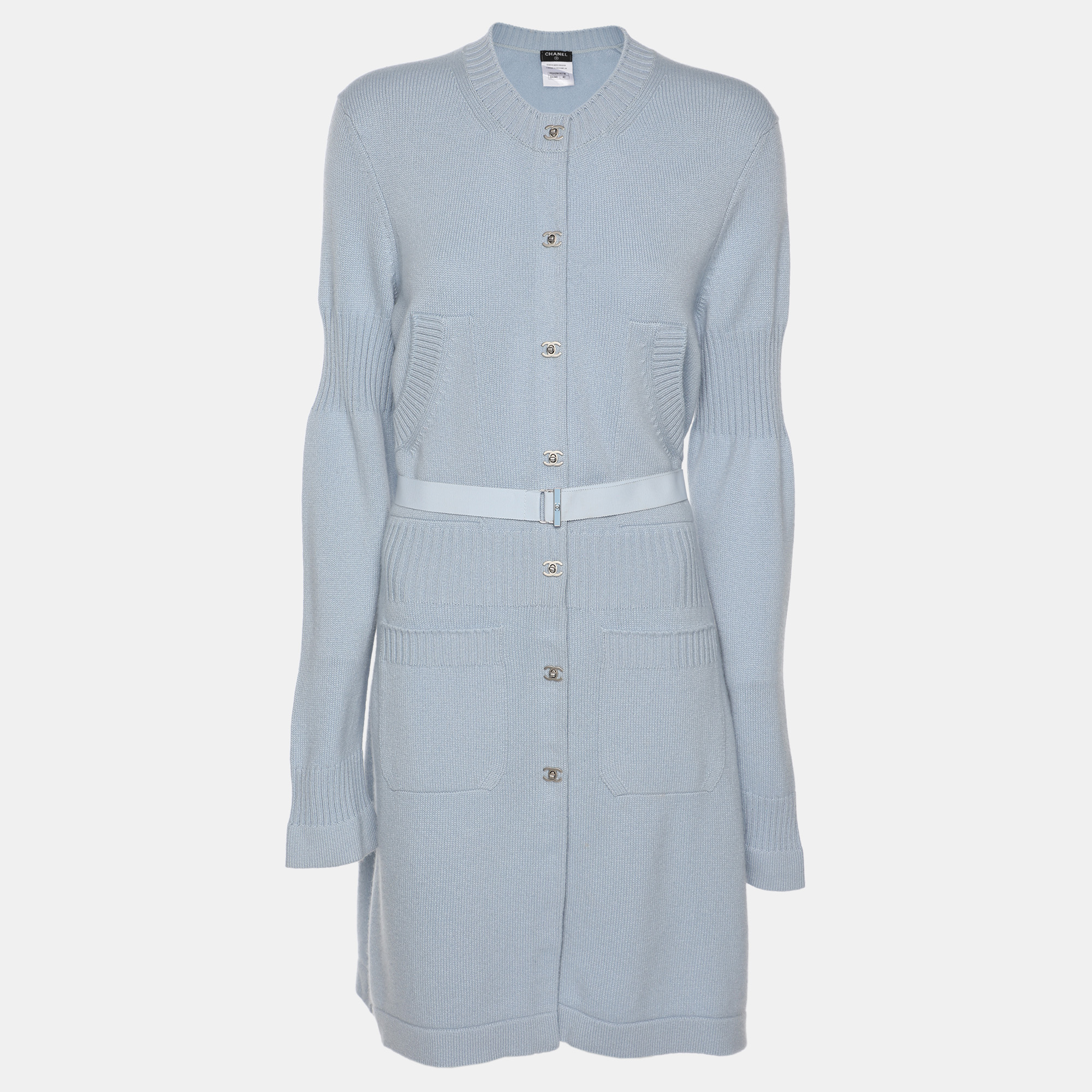 

Chanel Light Blue Rib Knit Cashmere Long Sleeve Mini Belted Dress L