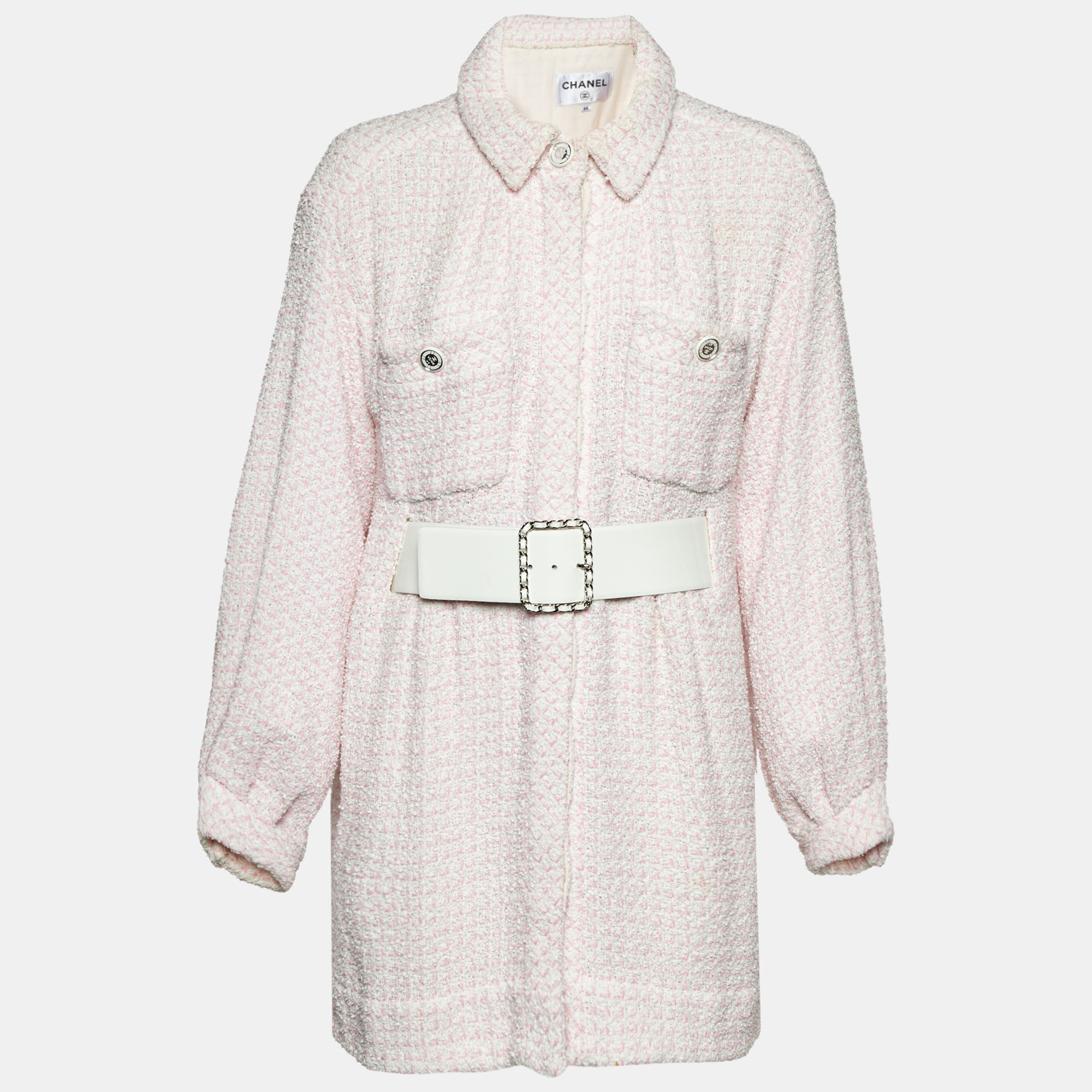 

Chanel Pink/White Tweed Belted Jacket L