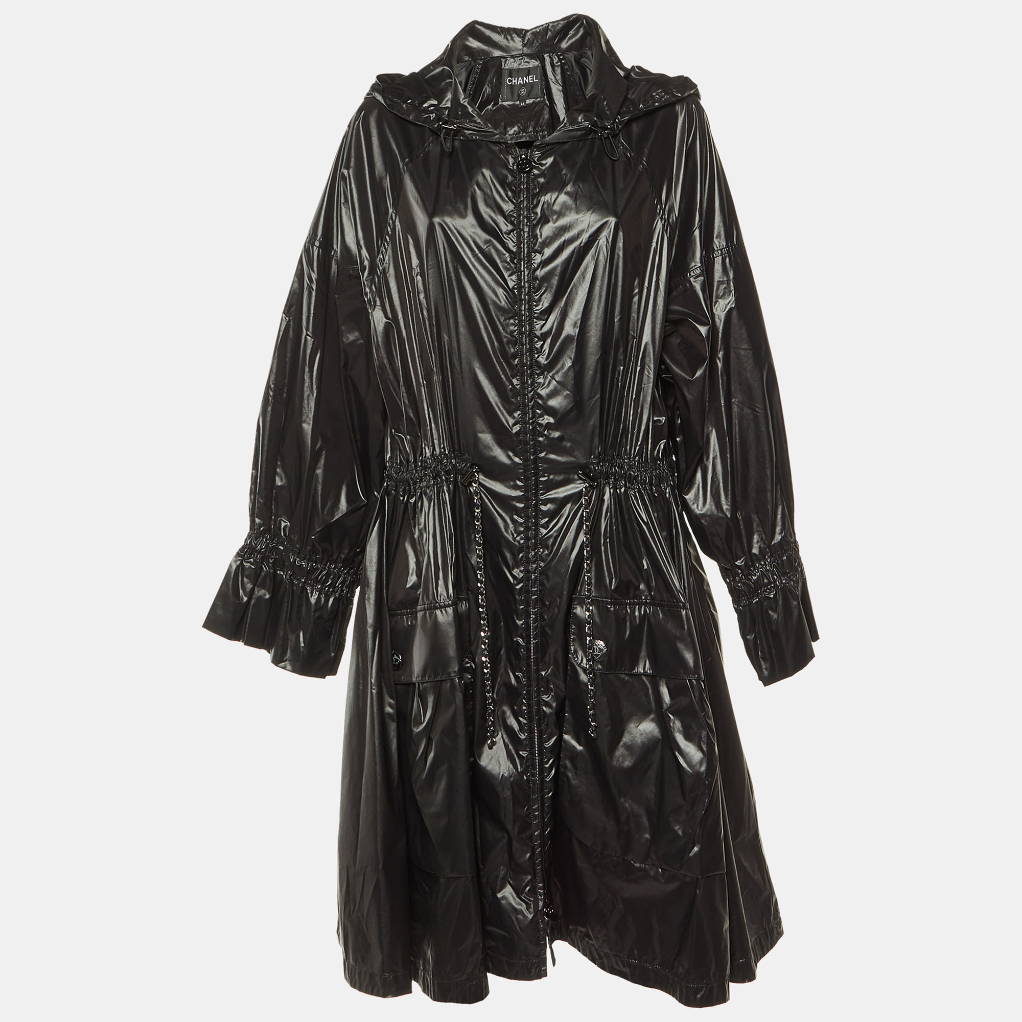 

Chanel Black Nylon Hooded Zip Up Coat L