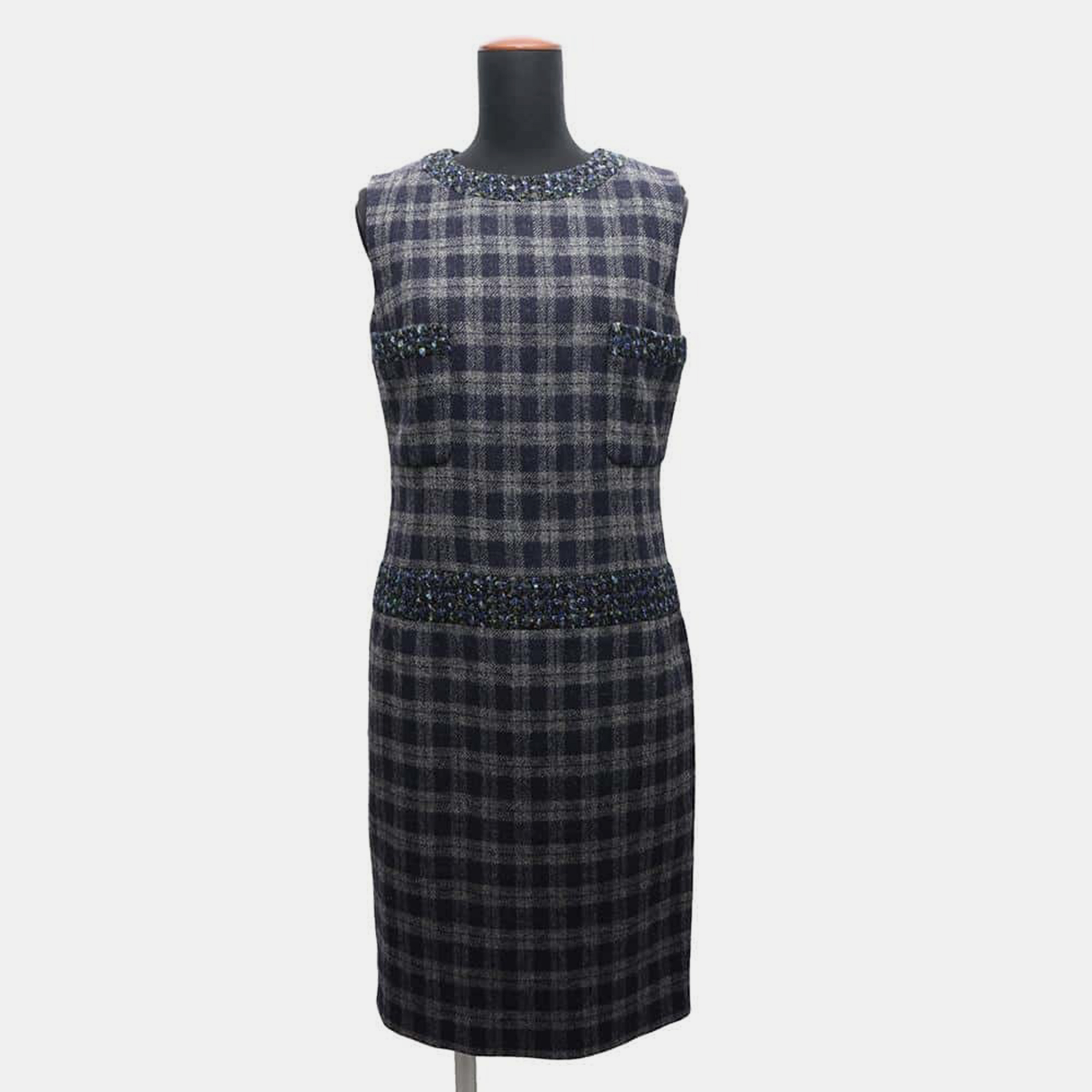 

Chanel Navy Wool Check Pattern Tweed Sleeveless Dress Size, Navy blue