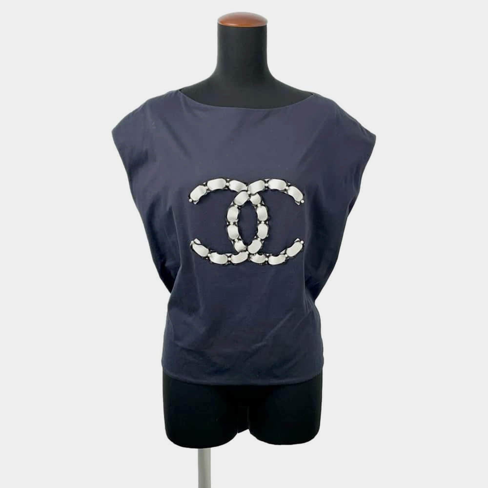 

Chanel Cc Logo Sleeveless Shirt Size 34 Navy/White/Black Cotton100%