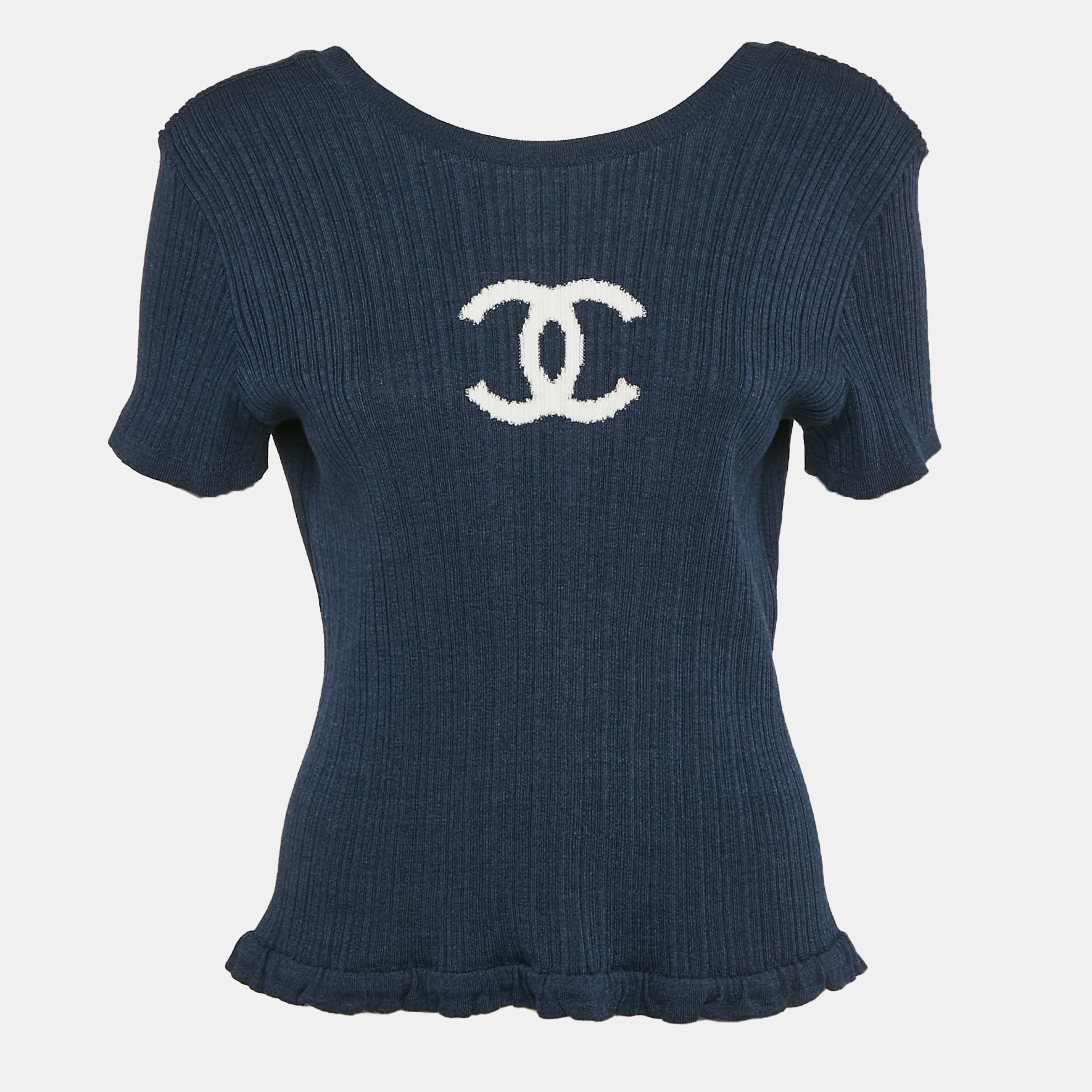 

Chanel Navy Blue CC Rib Knit Ruffled Hem Top XL