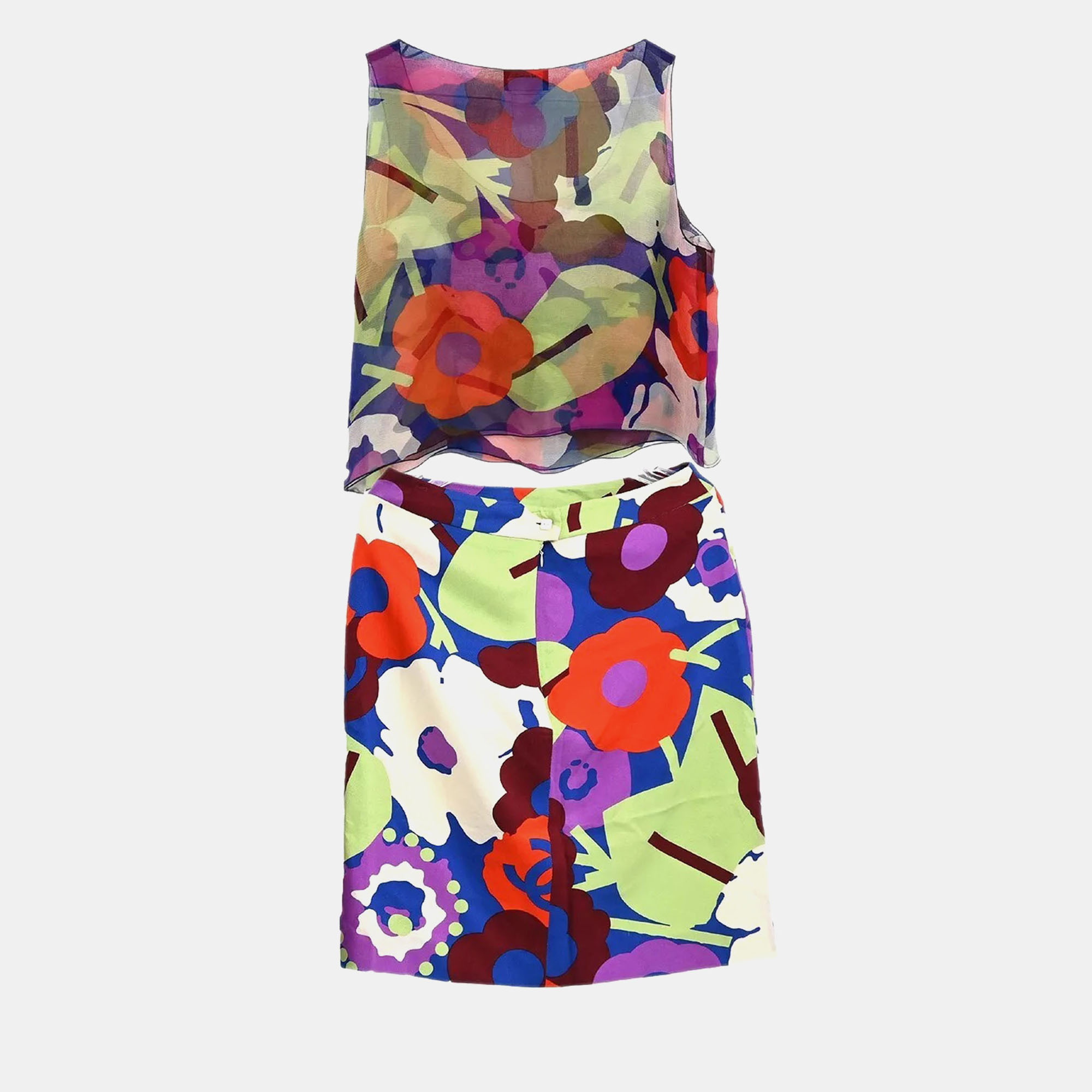Chanel Red Blue Silk Sleeveless Top and Skirt Women Size 42 