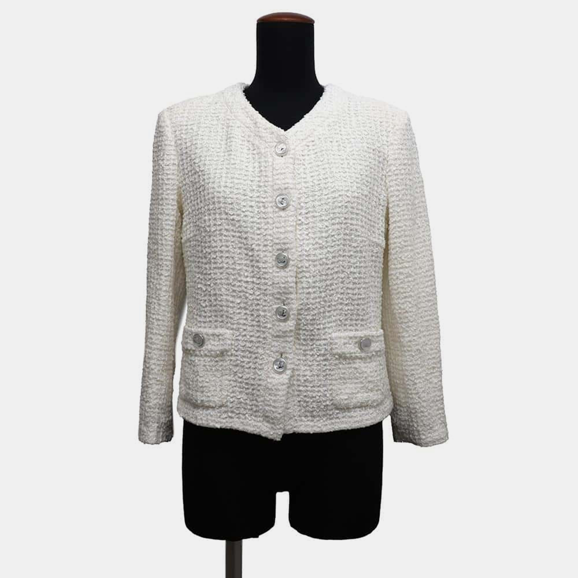 

Chanel White Cotton/Nylon/Rayon No-Collar Tweed Jacket Women Size