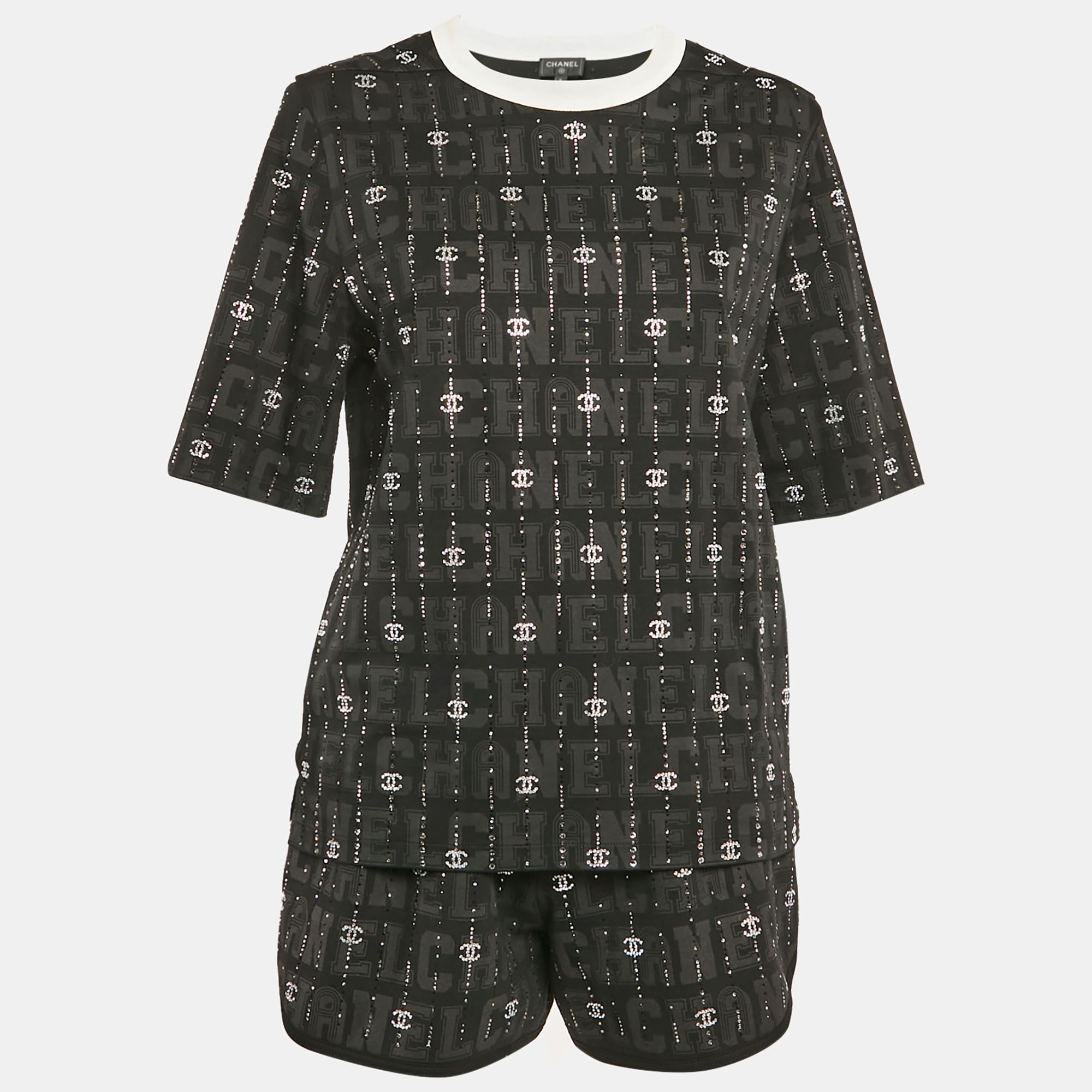 

Chanel Black CC Rhinestone Cotton Jersey T-Shirt and Shorts Set S