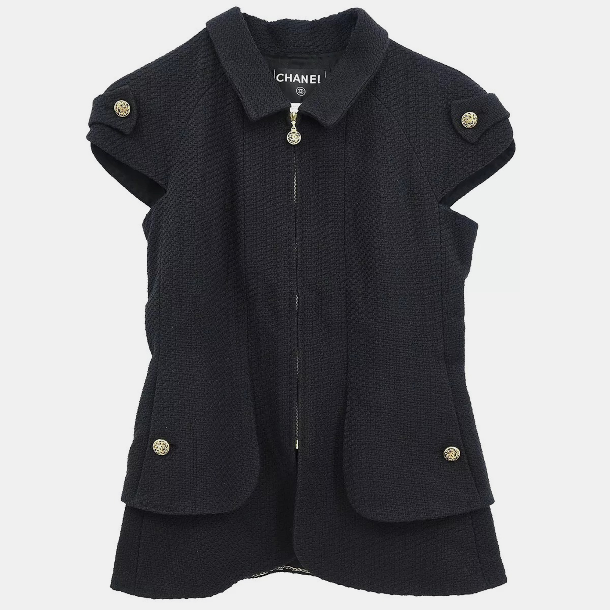 

Chanel Sleeveless Zip Up Jacket Black 07P #36