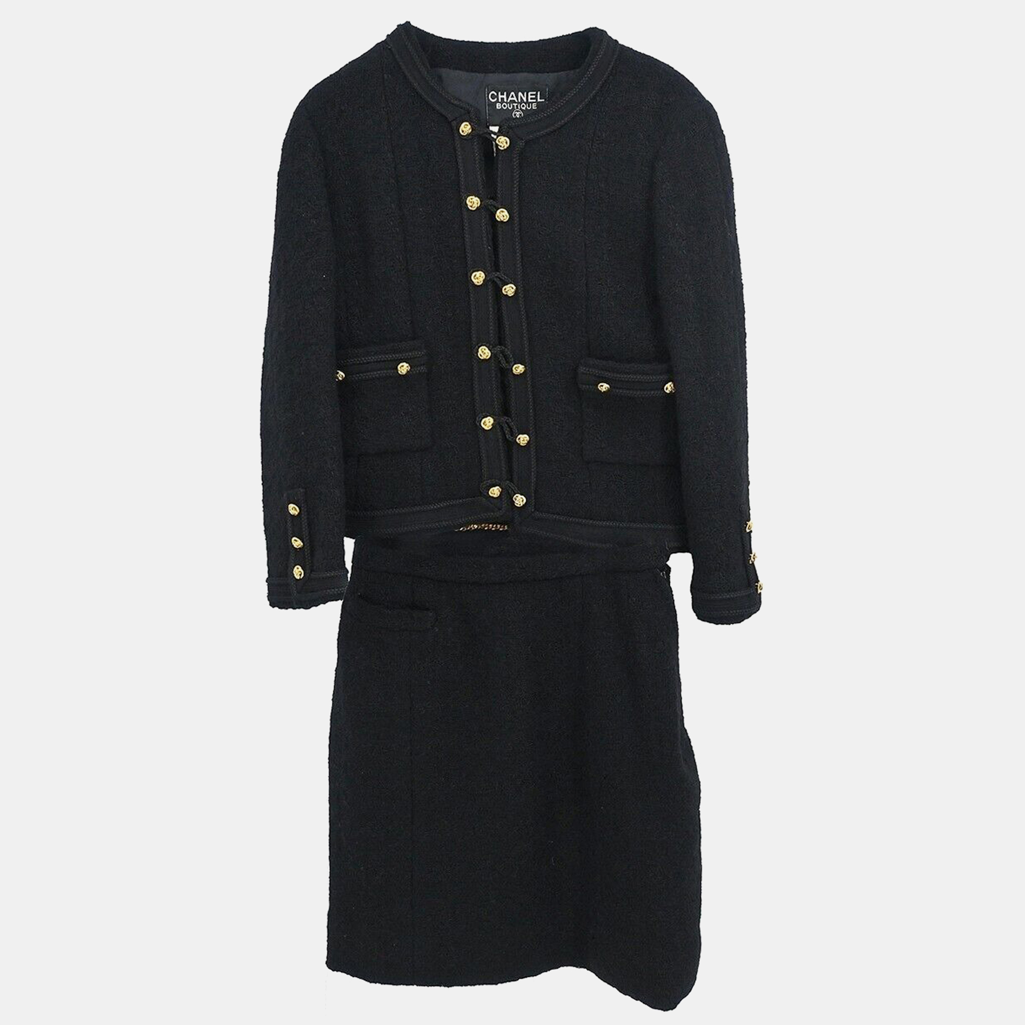 

Chanel Black Setup Suit Collarless Jacket & Skirt 38