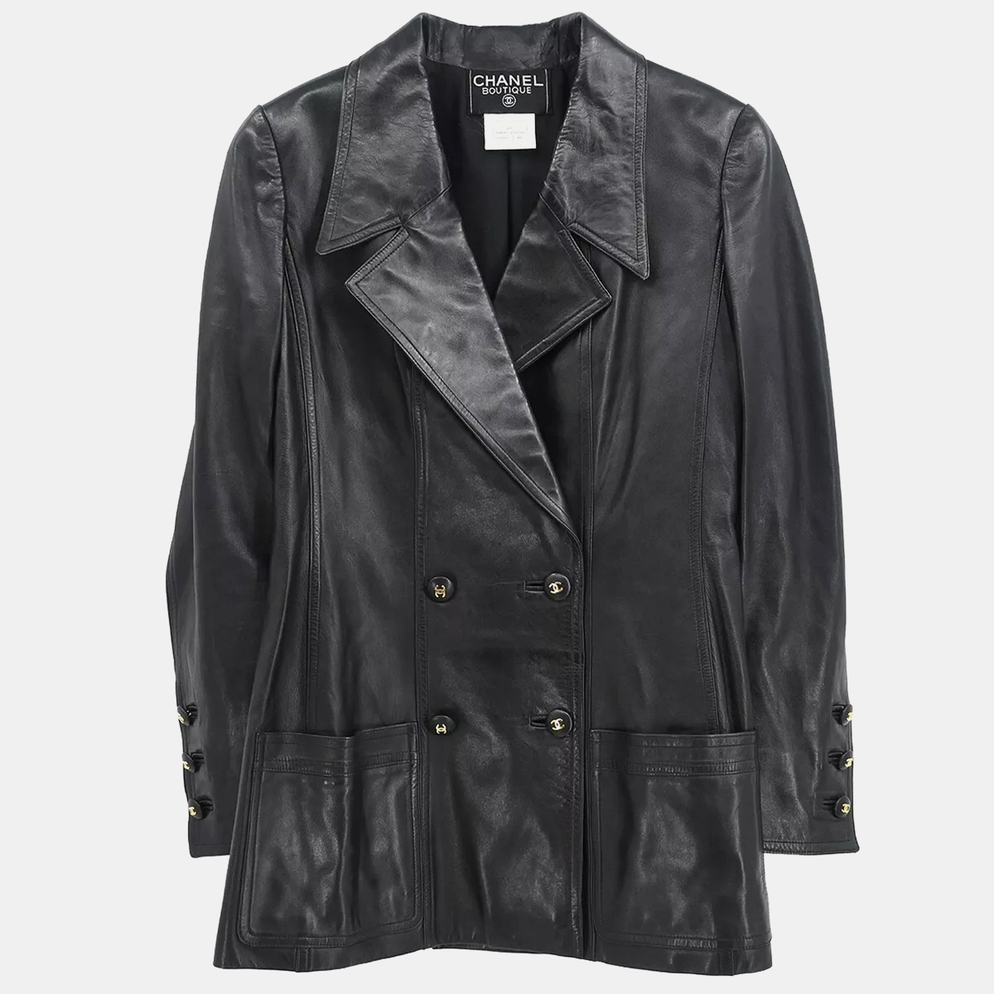 

Chanel Double Breasted Leather Jacket Black 97C #38