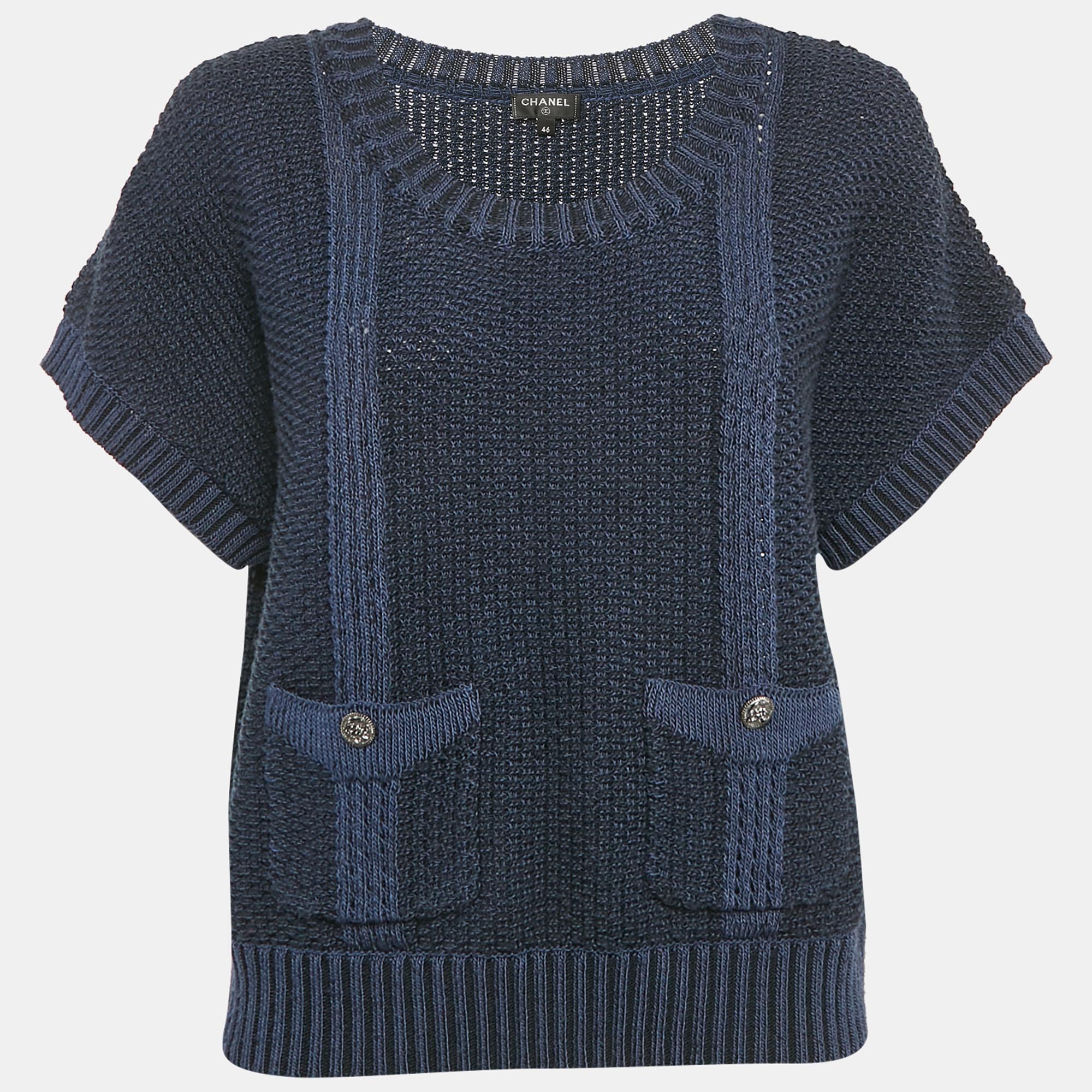 

Chanel Navy Blue Wool Crochet Pullover XL