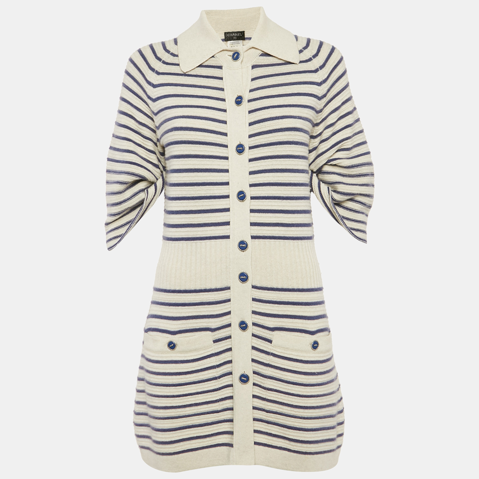 

Chanel White/Blue Striped Rib Knit Buttoned Mini Dress M, Cream