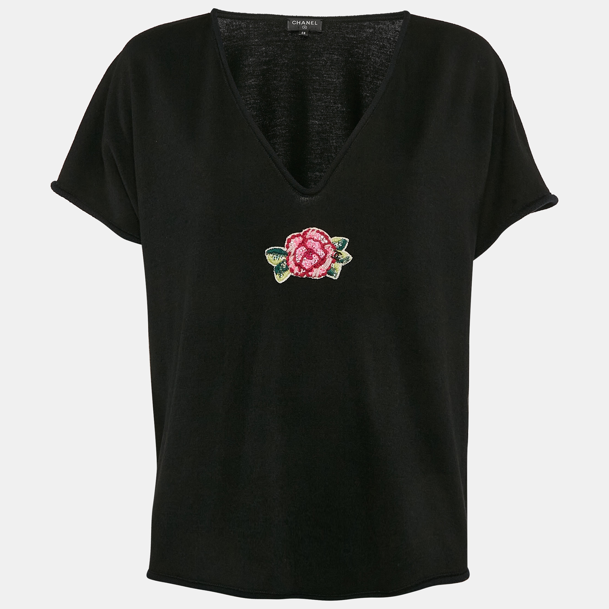 

Chanel Black Rose Embroidered Wool Blend V-Neck Top XL