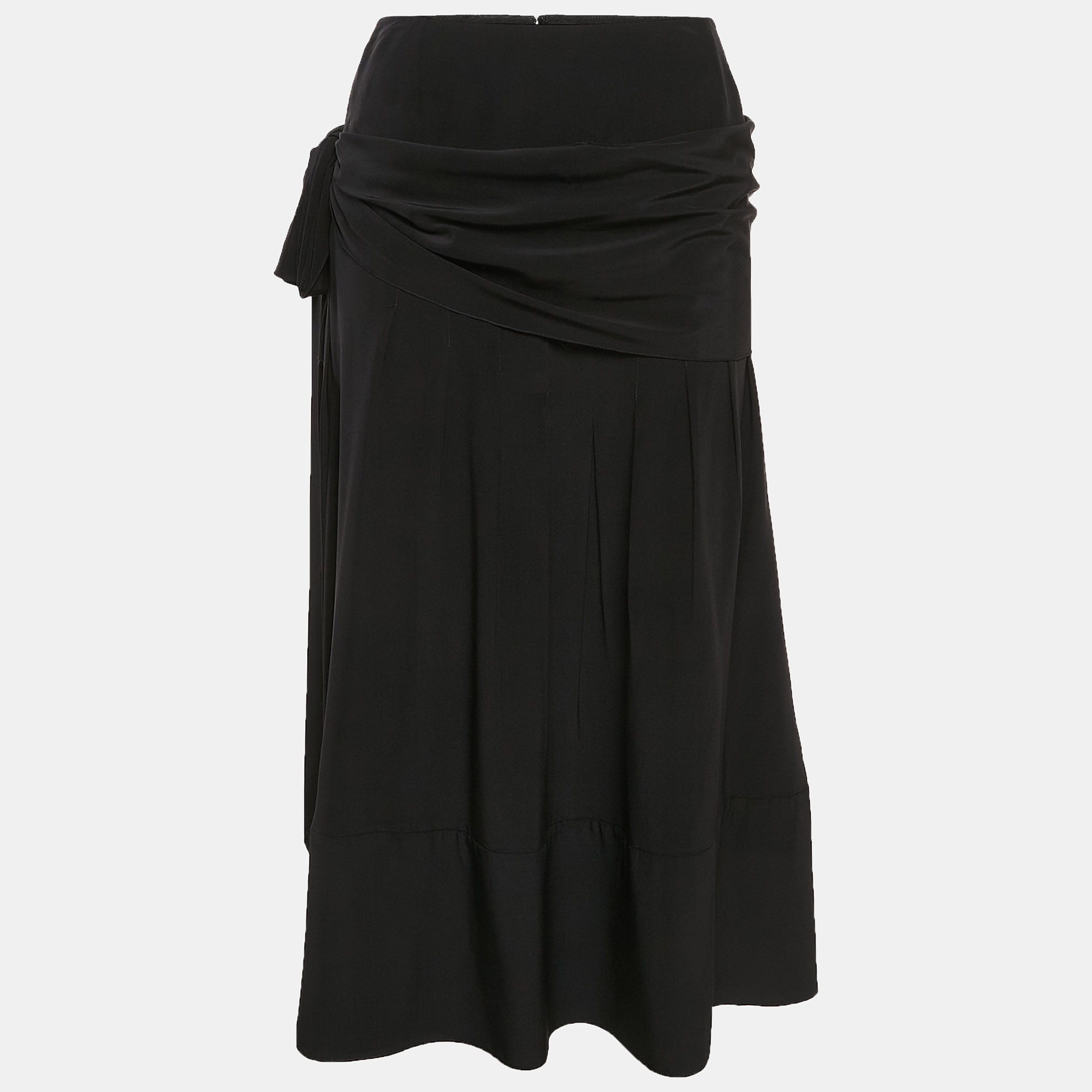 

Chanel Black Silk Draped Style Flared Midi Skirt M