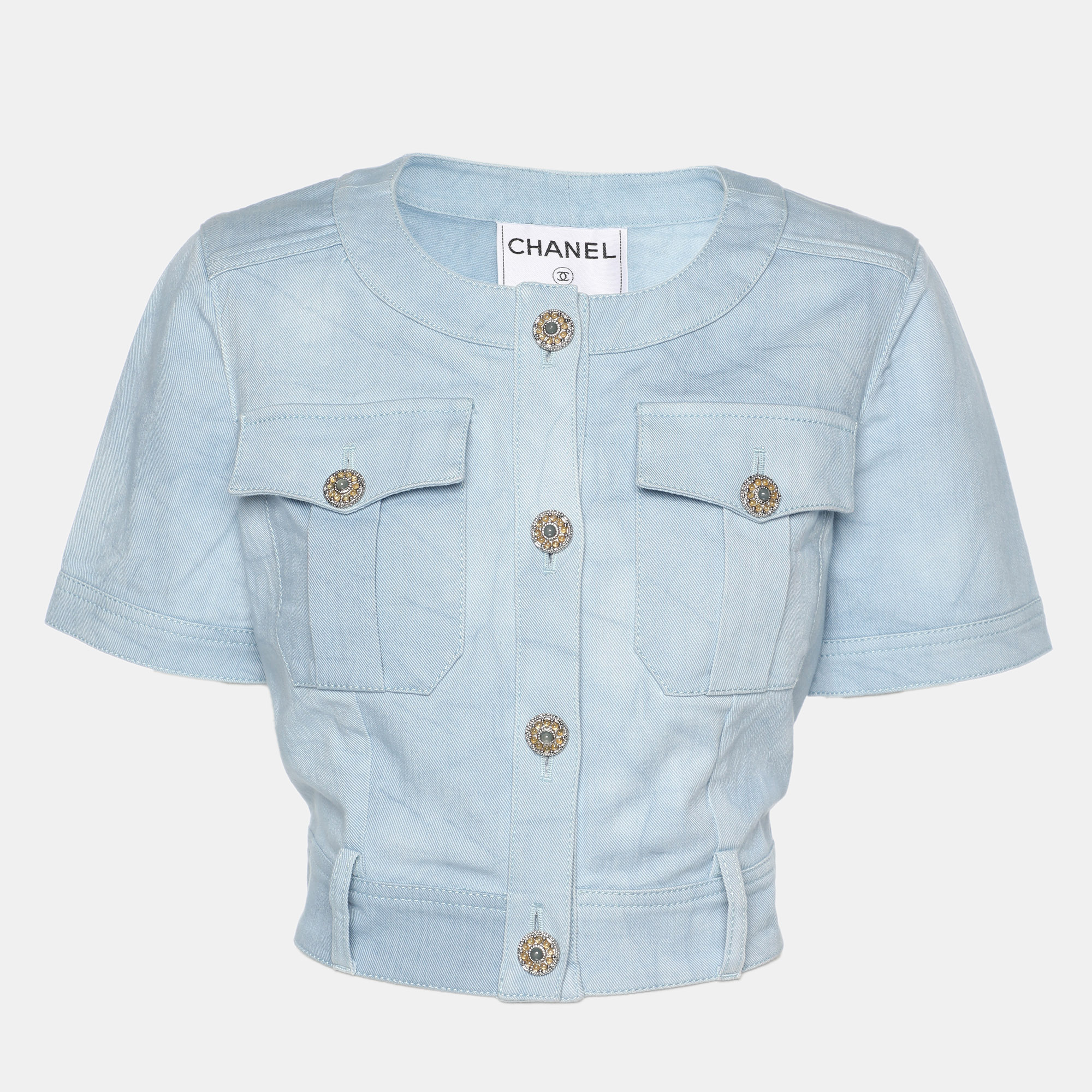 

Chanel Indigo Light Wash Denim Cropped Short Sleeve Jacket S, Blue